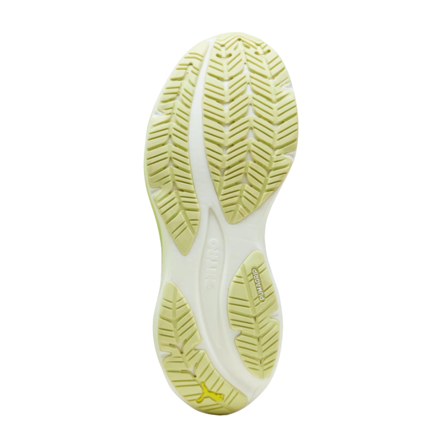 Close-up of a Puma running shoe sole with a textured pattern on a white background
