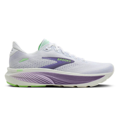 Brooks running shoe in white, purple, and neon green, shown from a side profile on a white background.