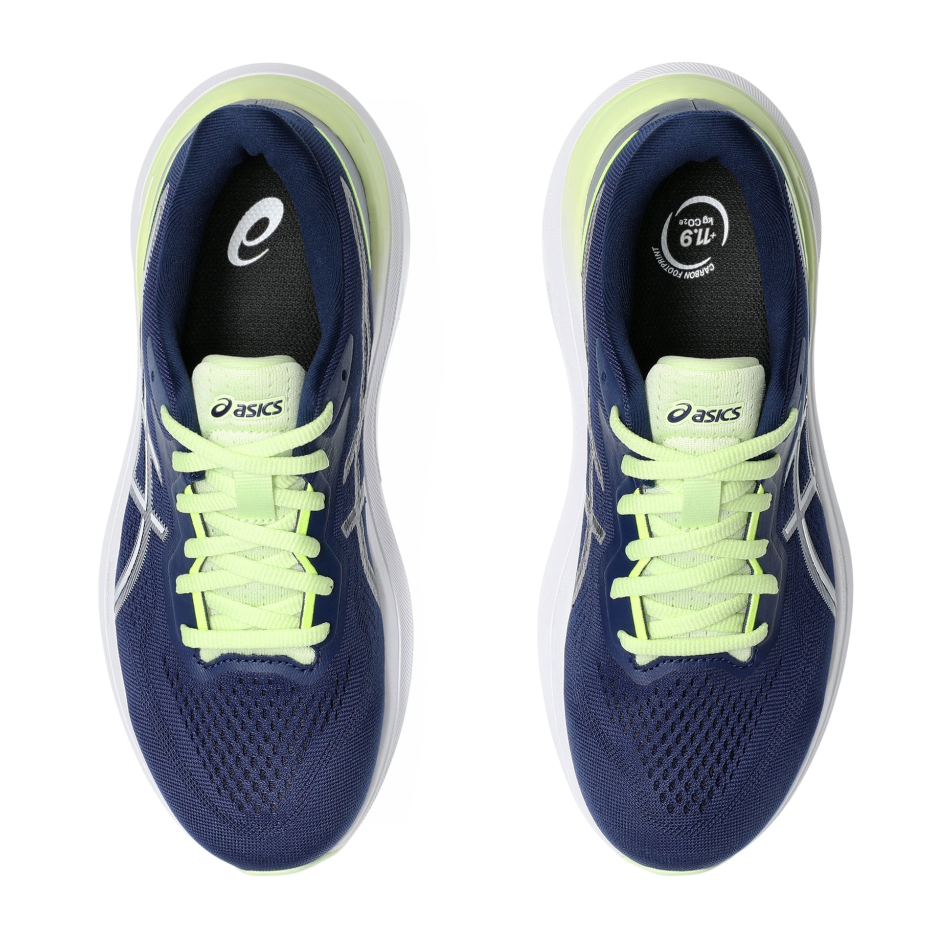 Pair of blue running shoes with neon green laces on a white background