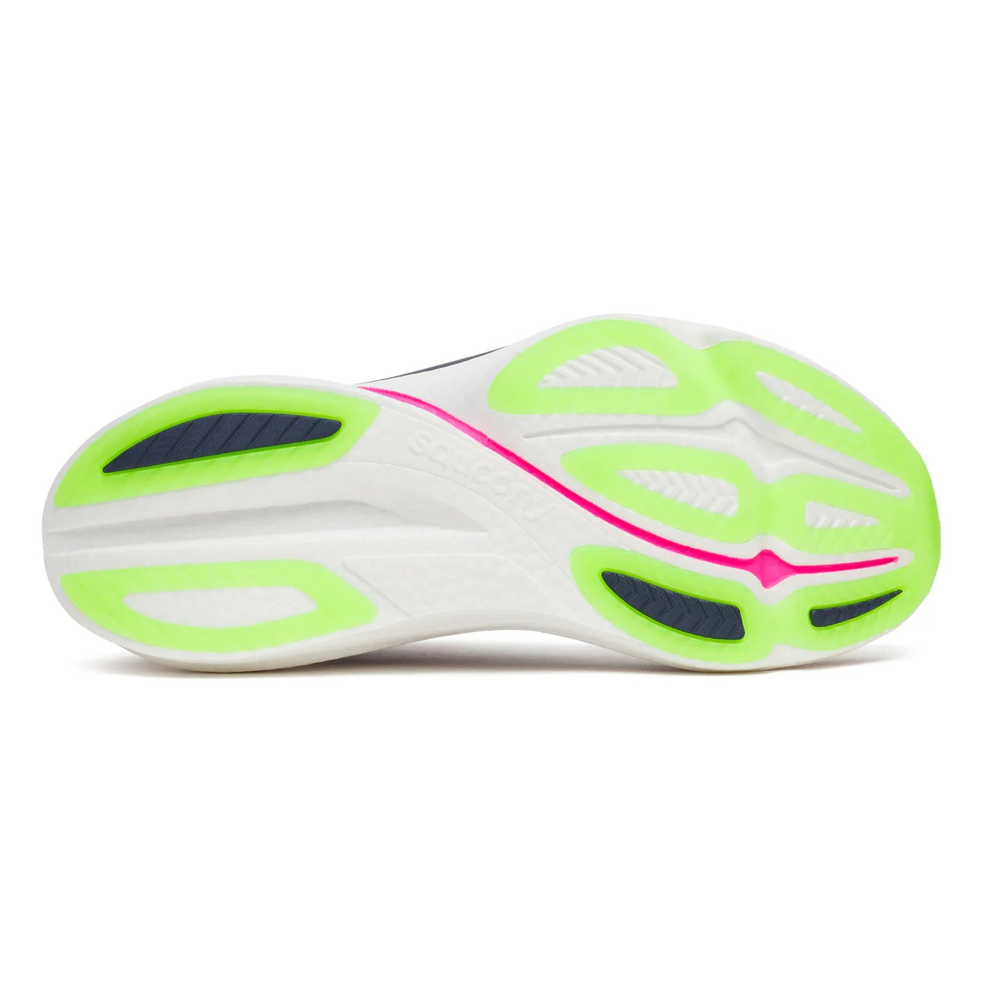 Bottom view of the sole of a Saucony running shoe with green and pink accents on a white background
