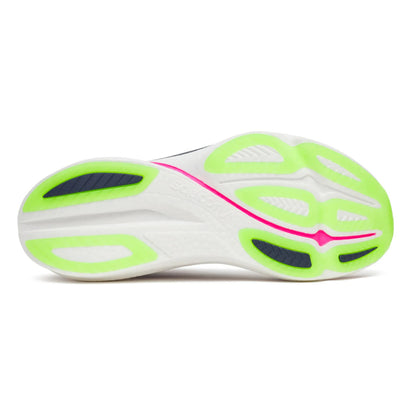 Bottom view of the sole of a Saucony running shoe with green and pink accents on a white background