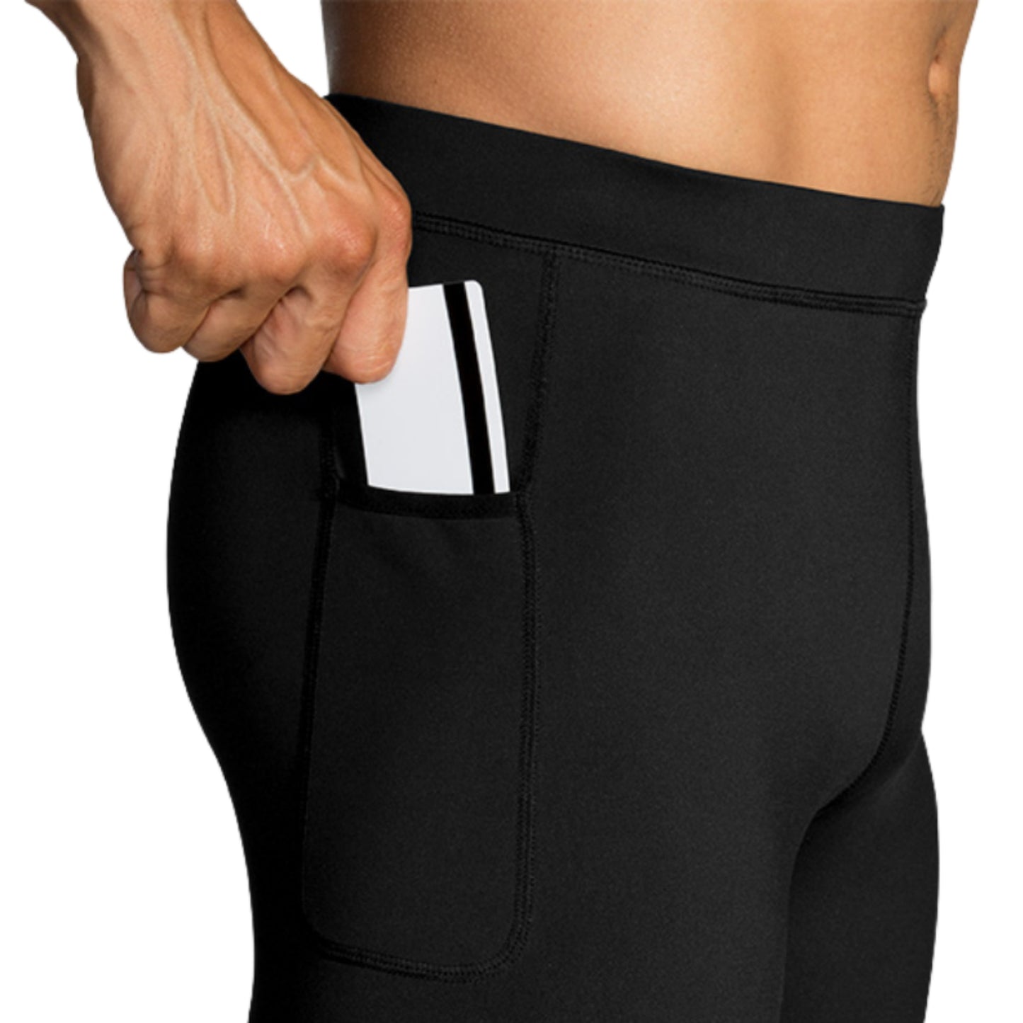 Close-up of a Brooks black legging on a white background
