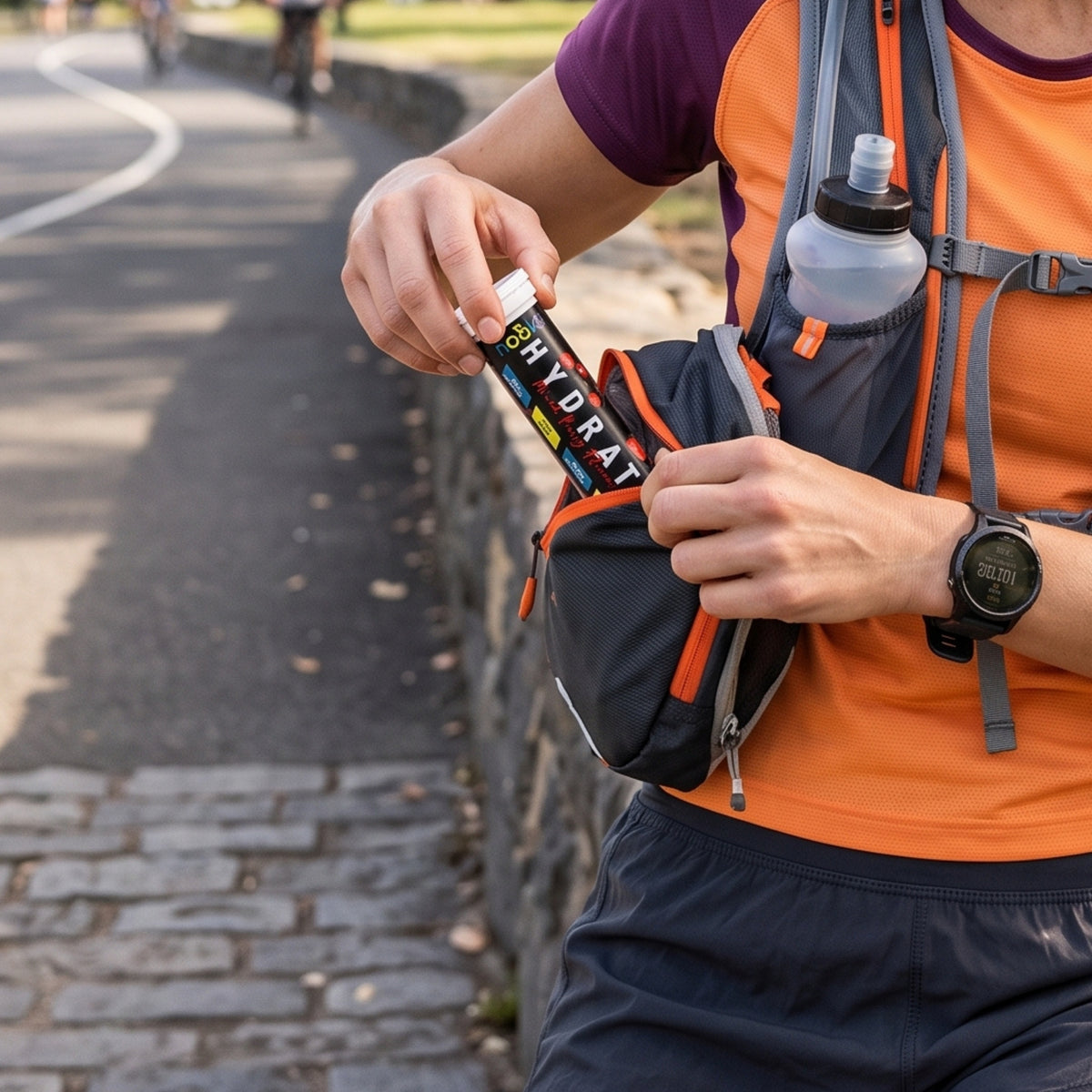 Hookit Hydrate being taken out of a bag by a runner