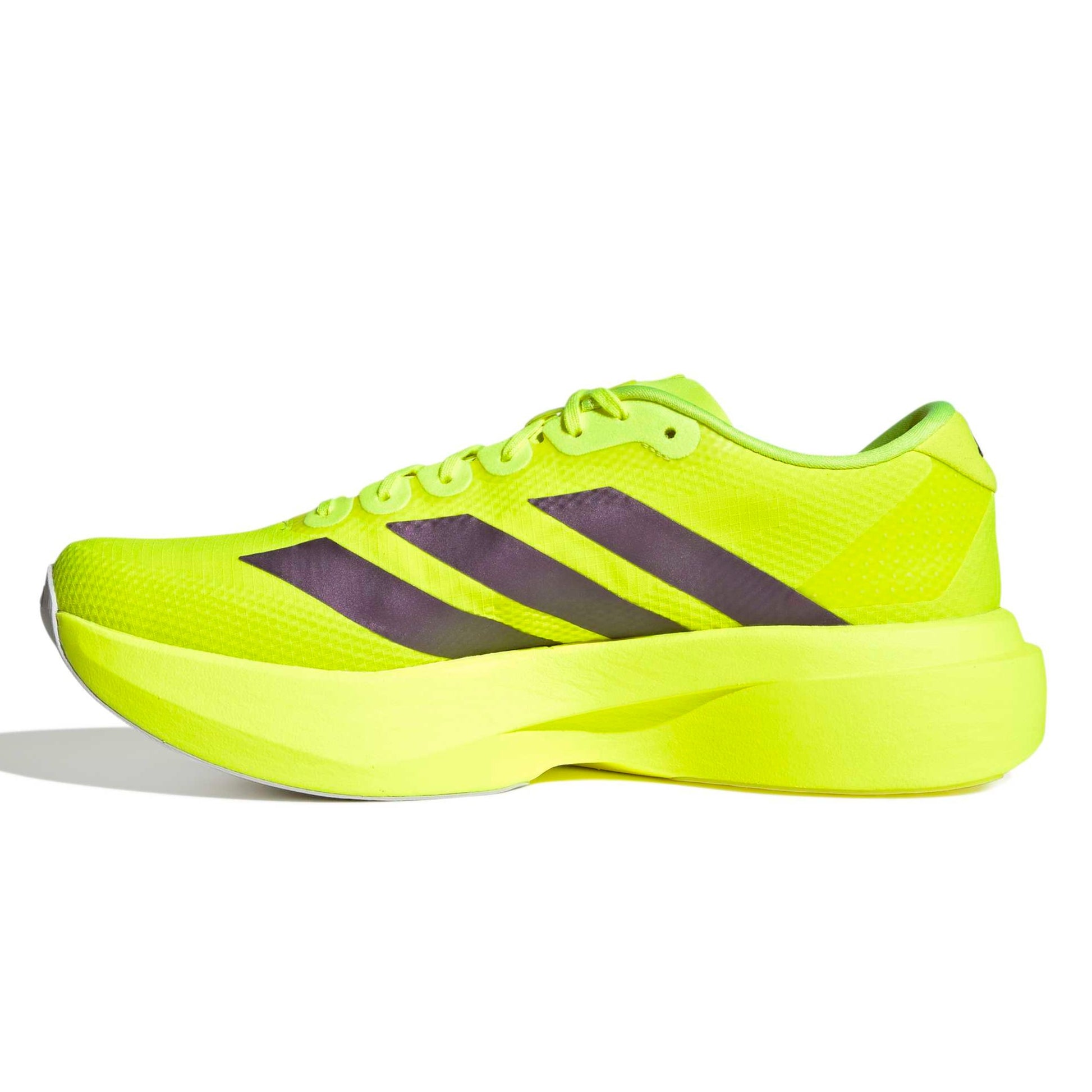 Bright yellow adidas running shoe with black stripes on a white background