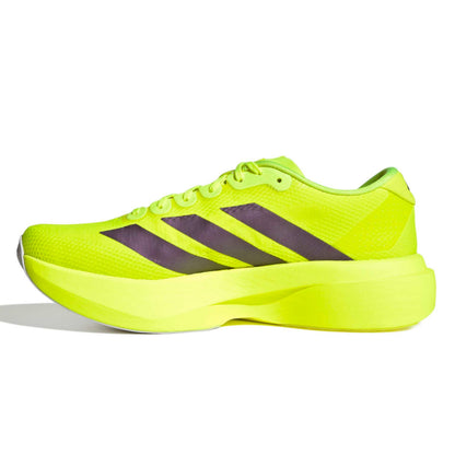 Bright yellow adidas running shoe with black stripes on a white background