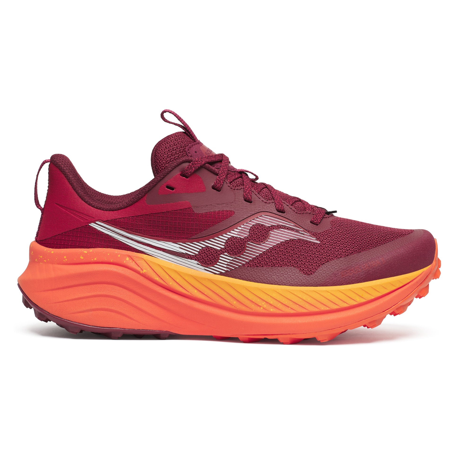 Maroon and orange running shoe on a white background
