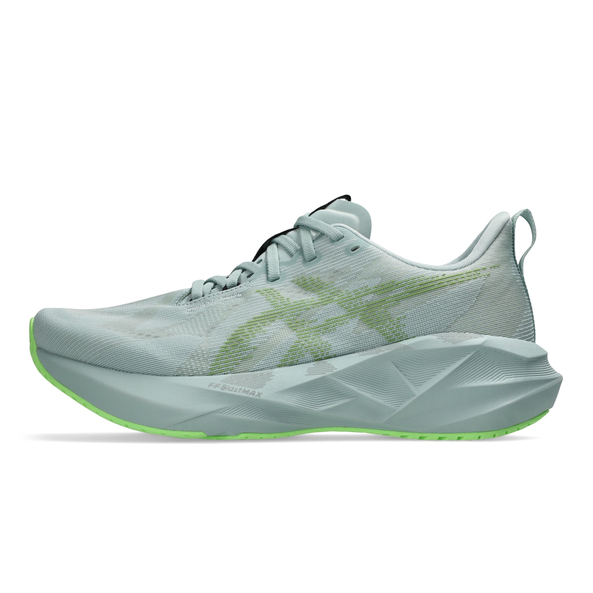 Light blue running Asics shoe with green sole on a white background