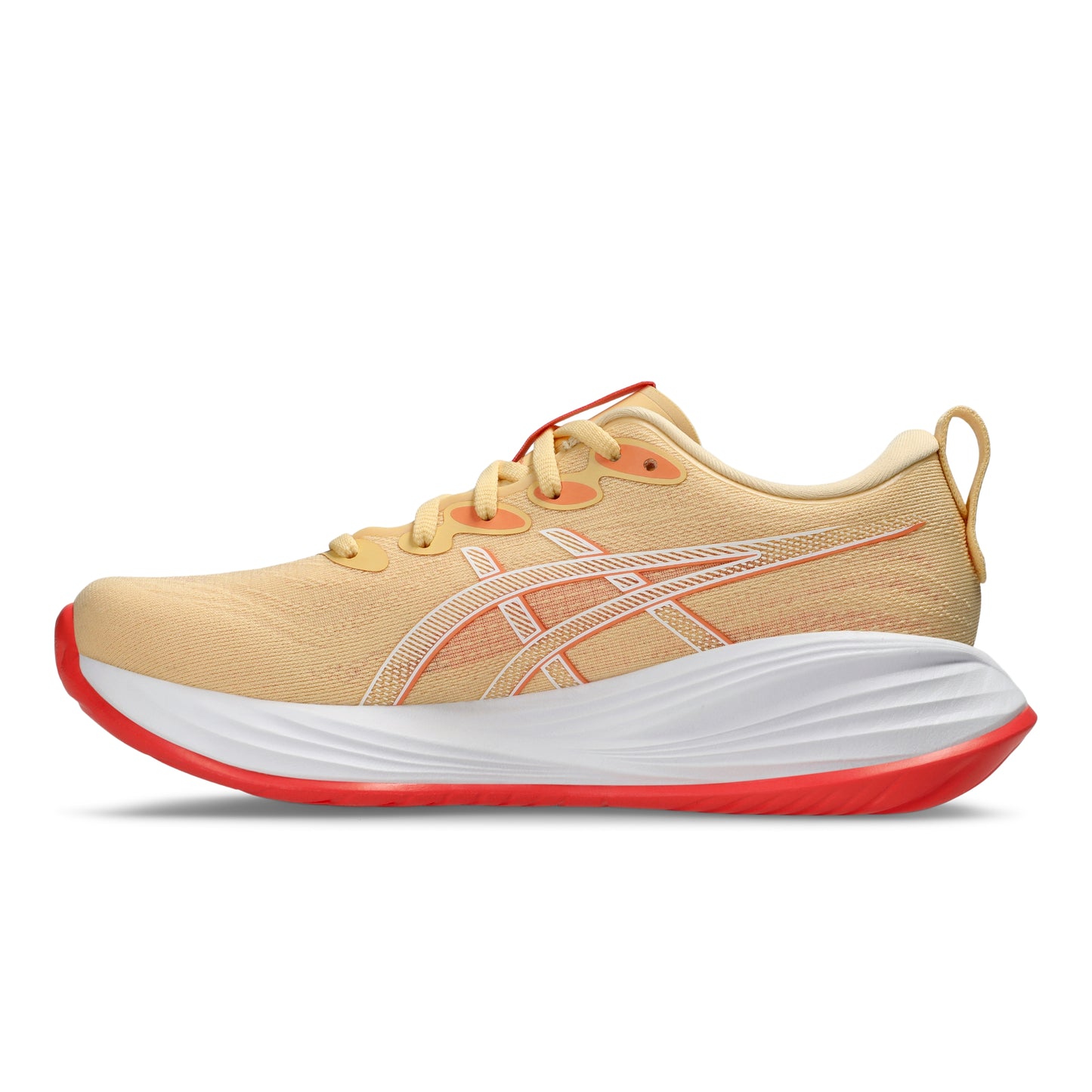 Light orange running shoe with red sole on a white background