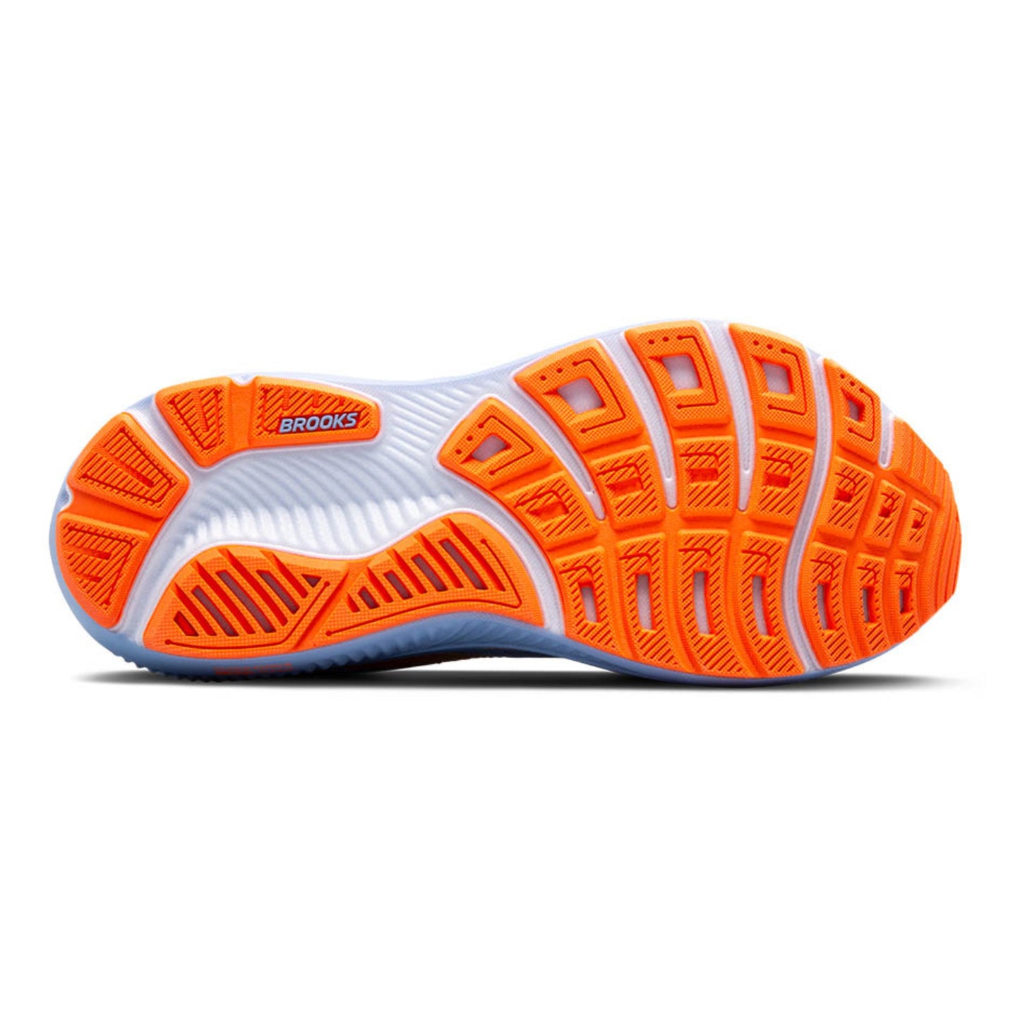Orange and white running shoe sole with 'Brooks' branding on a white background