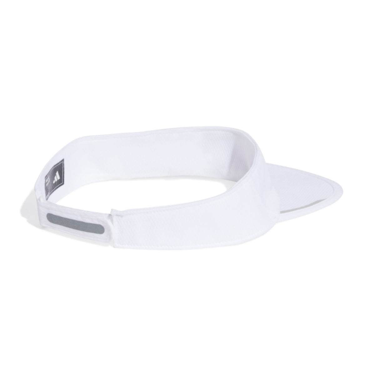 White visor with a small logo on a white background