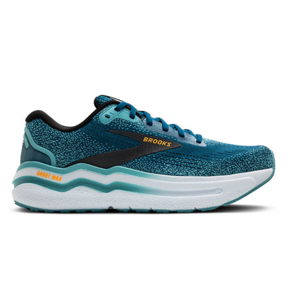 Blue Brooks running shoe with white sole on a white background