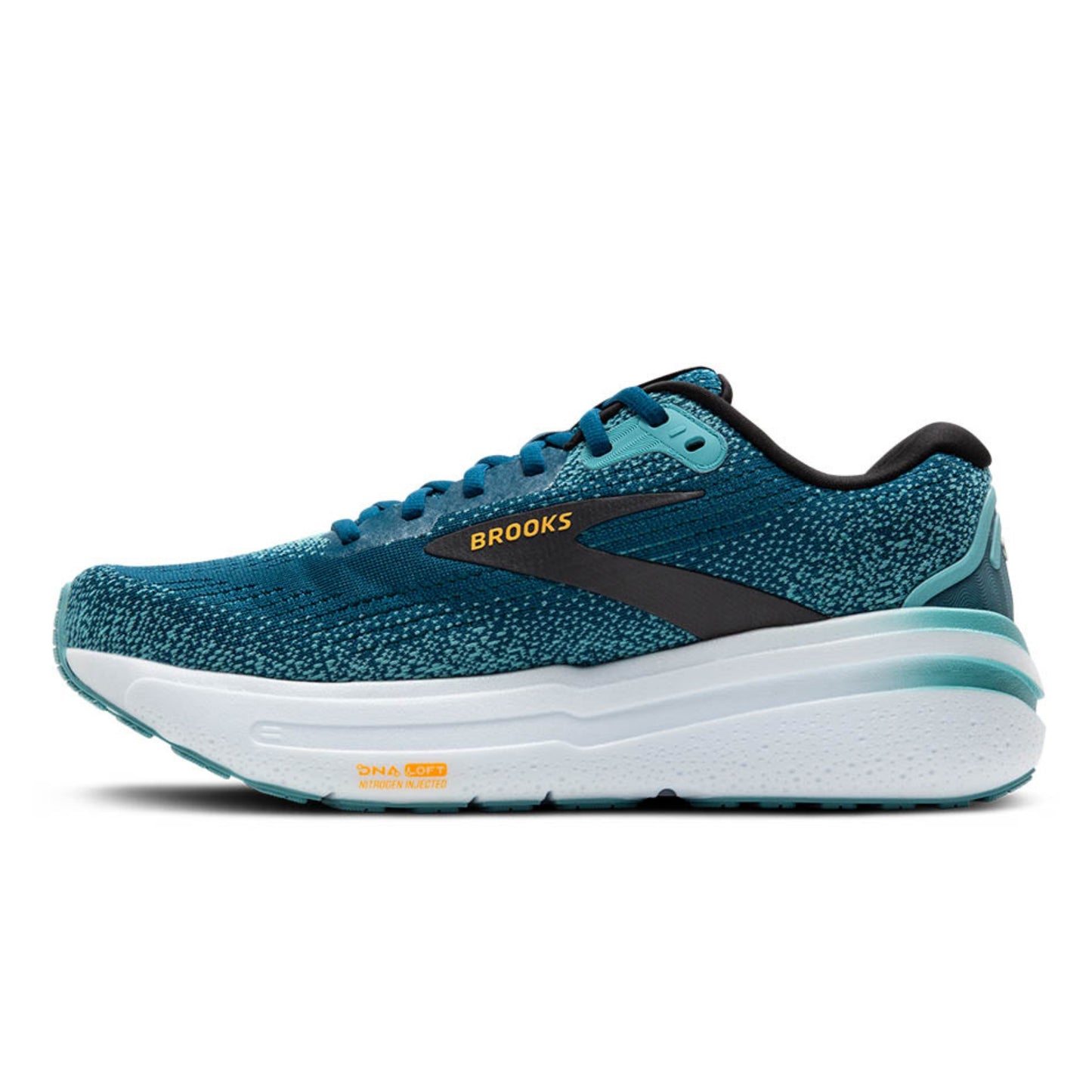Blue Brooks running shoe with white sole on a white background