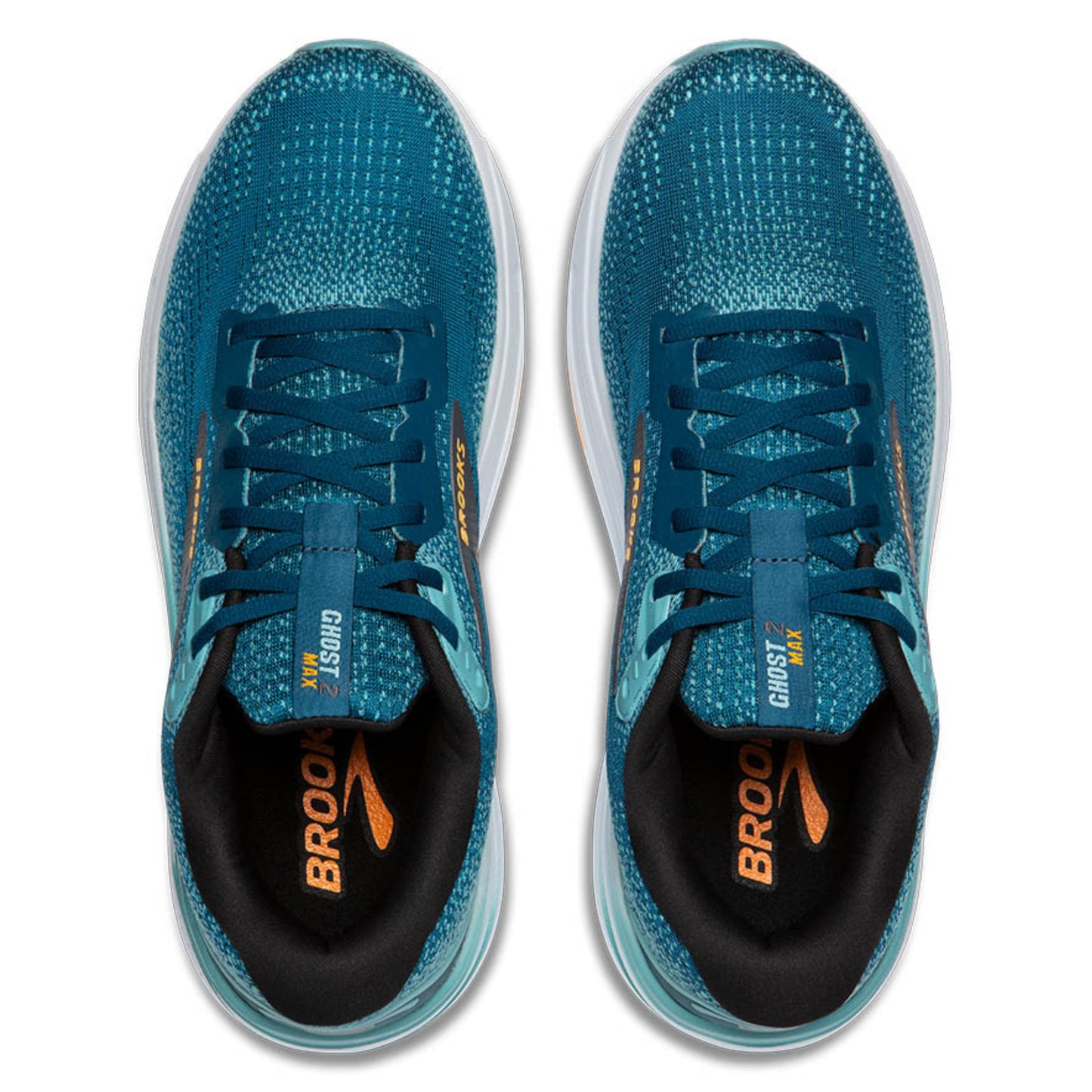 Pair of blue Brooks running shoes with black soles on a white background