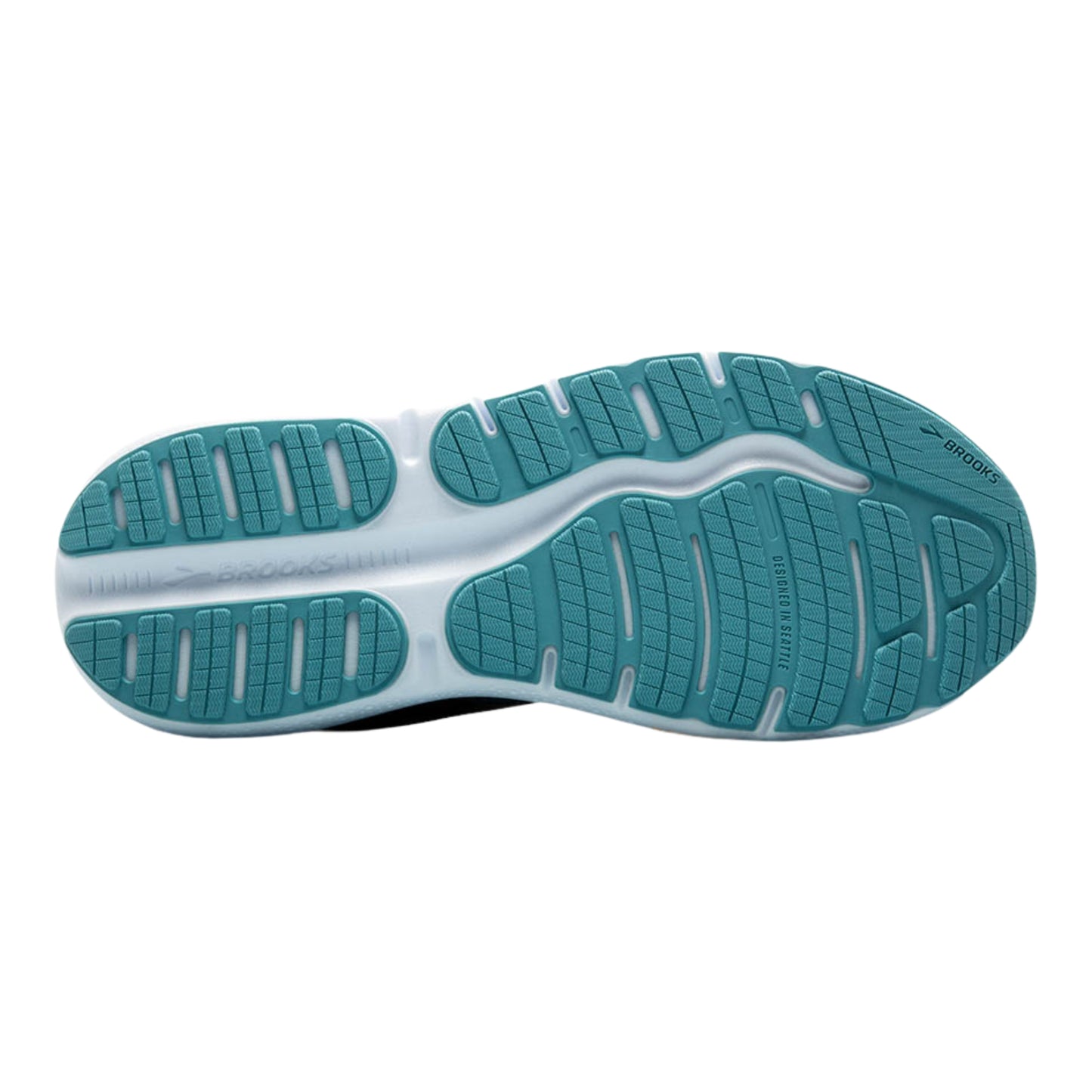 Close-up of a running shoe sole with a white and teal tread pattern on a white background