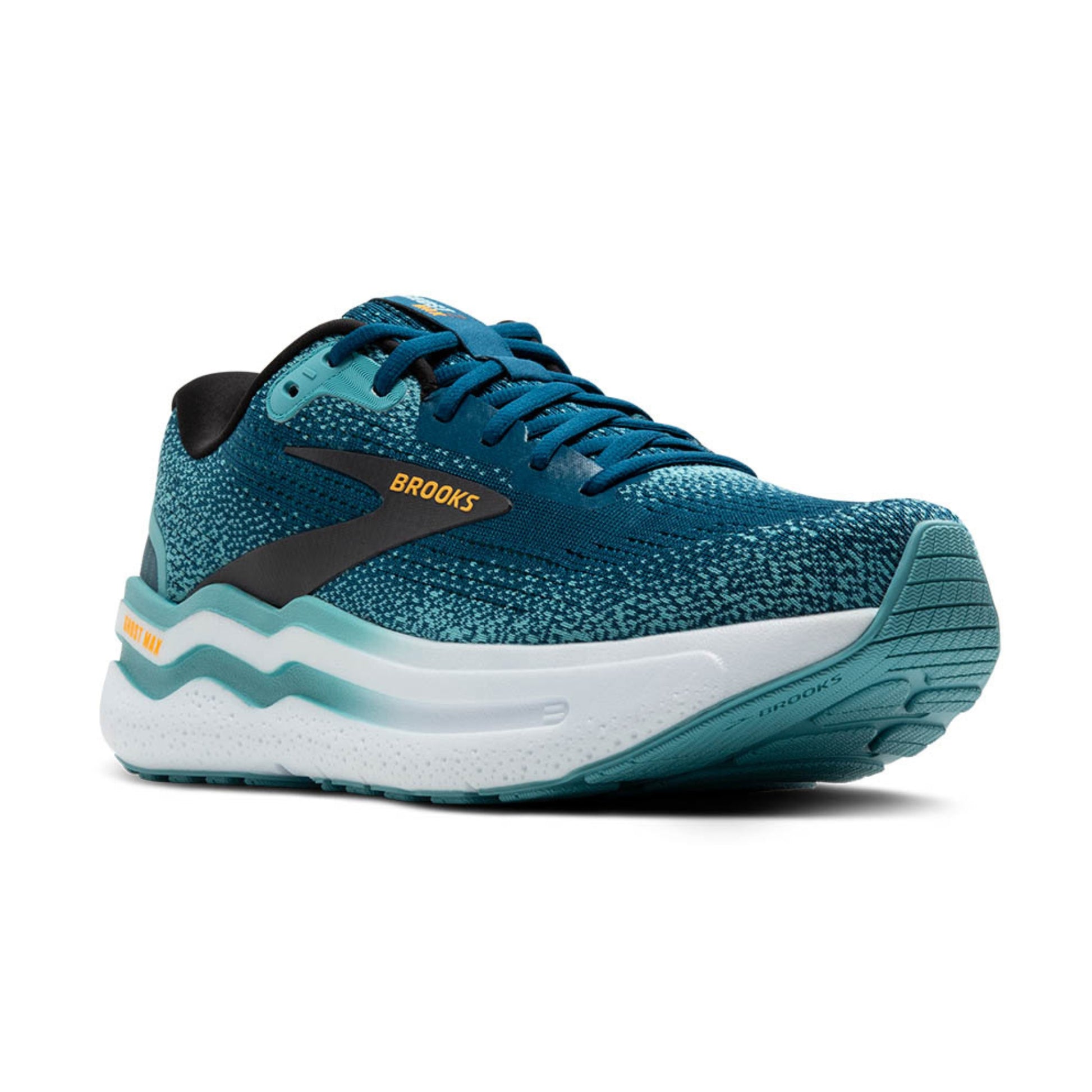 Blue Brooks running shoe with white sole on a white background