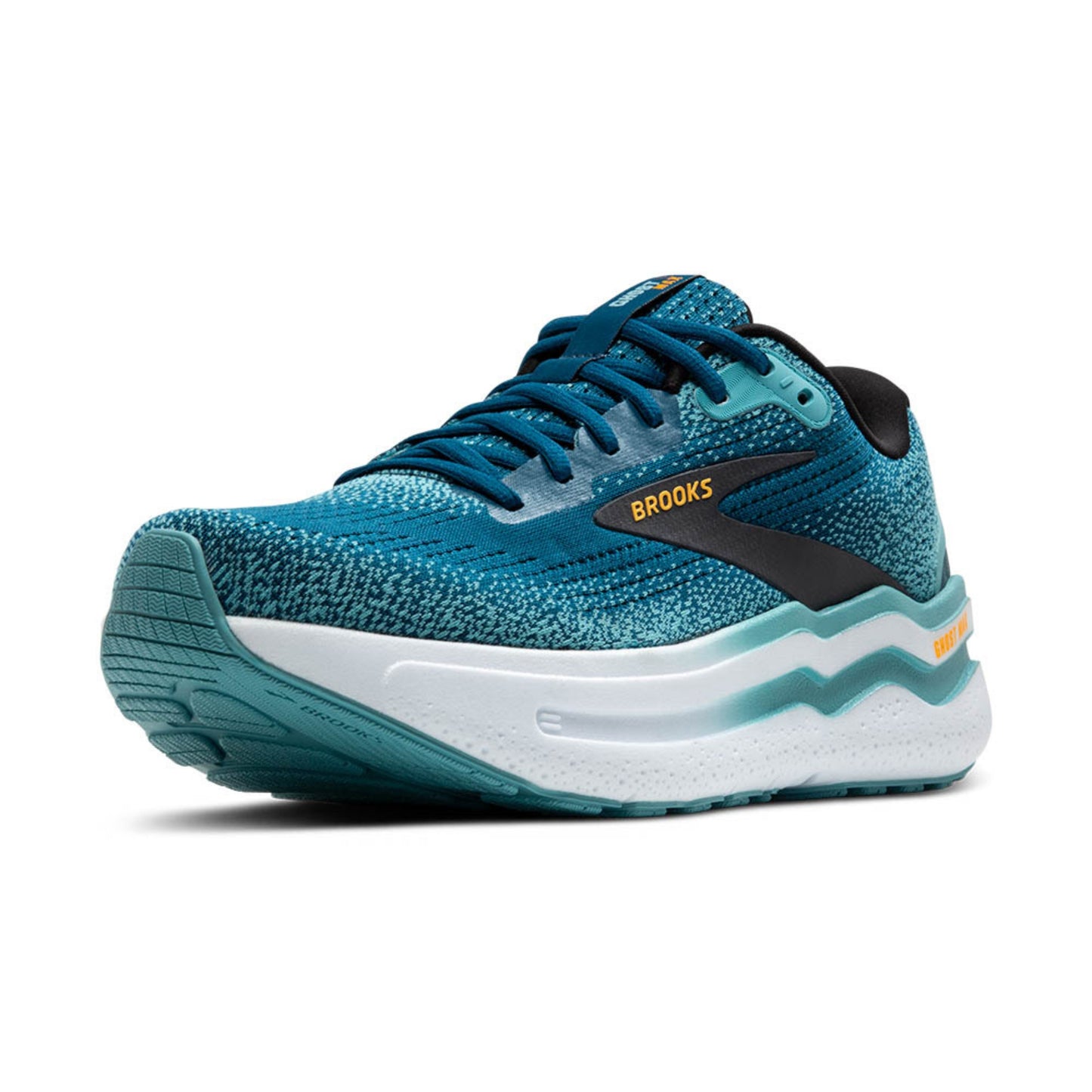 Blue Brooks running shoe with white sole on a white background