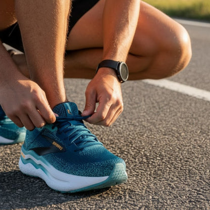 Person tying blue running shoes on a road