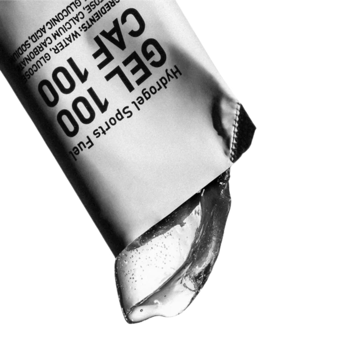 A close-up of a Hydrogel Sports Fuel GEL 100 CAF 100 sachet with gel leaking out against a white background.
