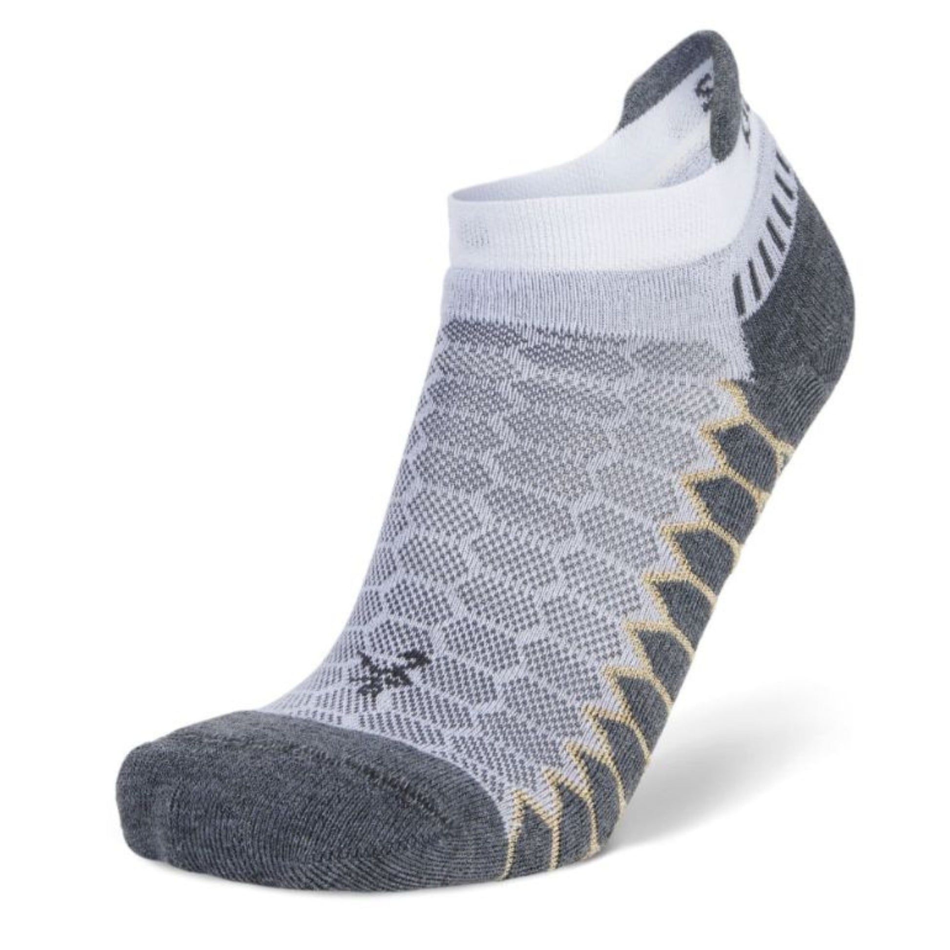 Gray and white athletic sock with patterned design on a white background