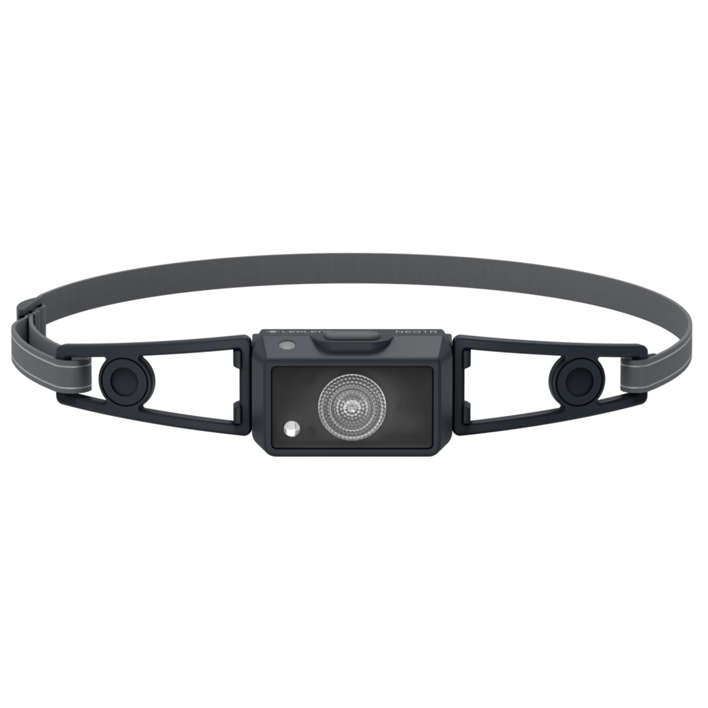 Black headlamp with gray band on a white background