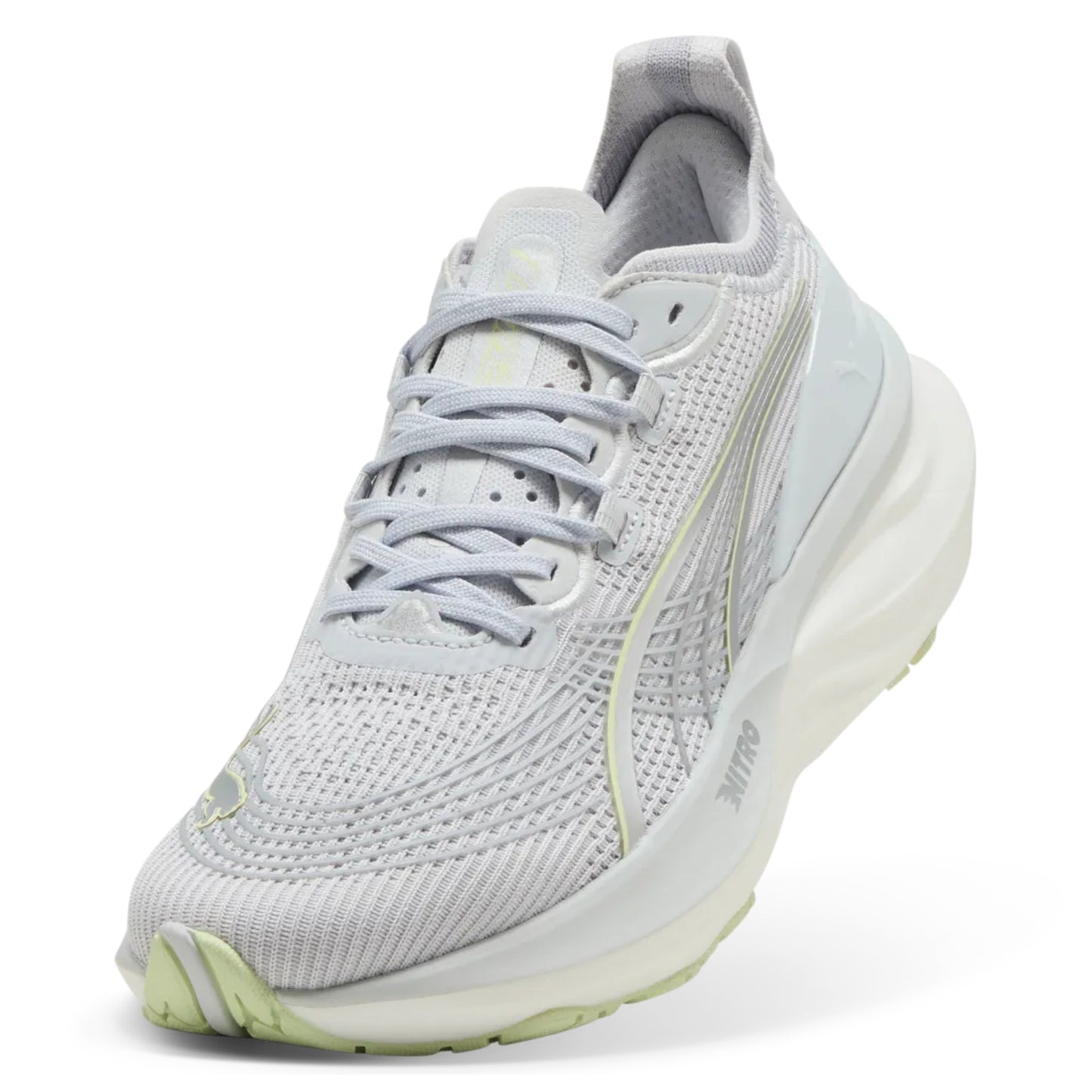 Light gray Puma running shoe with white sole on a white background