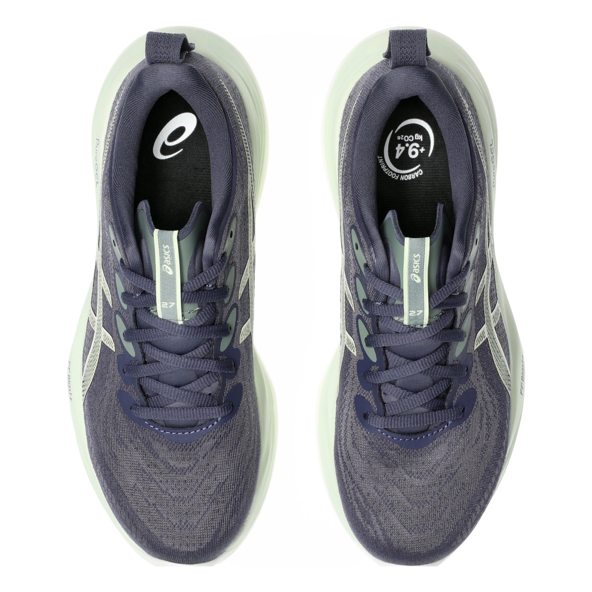 Pair of navy running shoes with brand logo on a white background