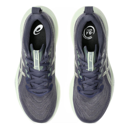 Pair of navy running shoes with brand logo on a white background