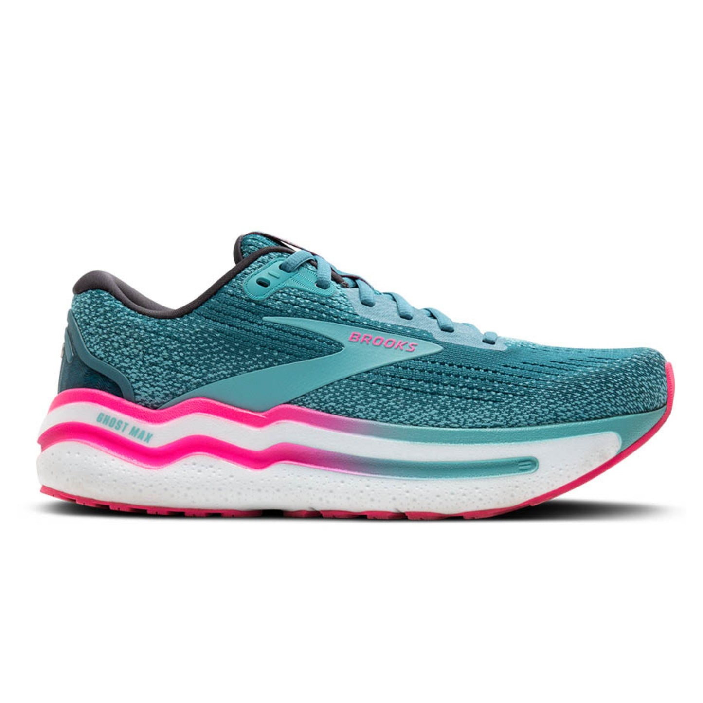 Storm blue running shoe with pink and white sole on a white background