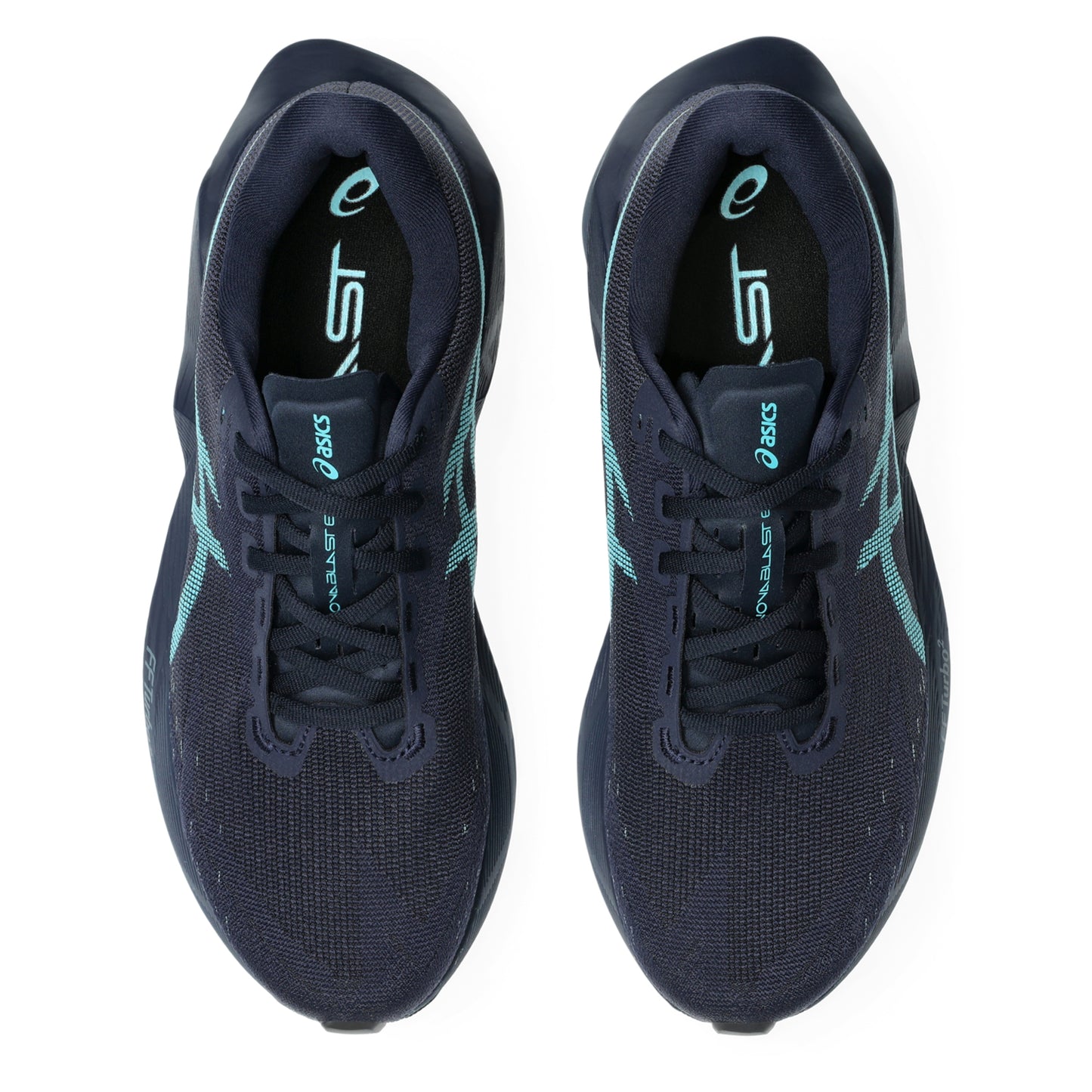 A pair of ASICS running shoes in dark navy blue with light teal accents, shown from a top-down view on a white background.