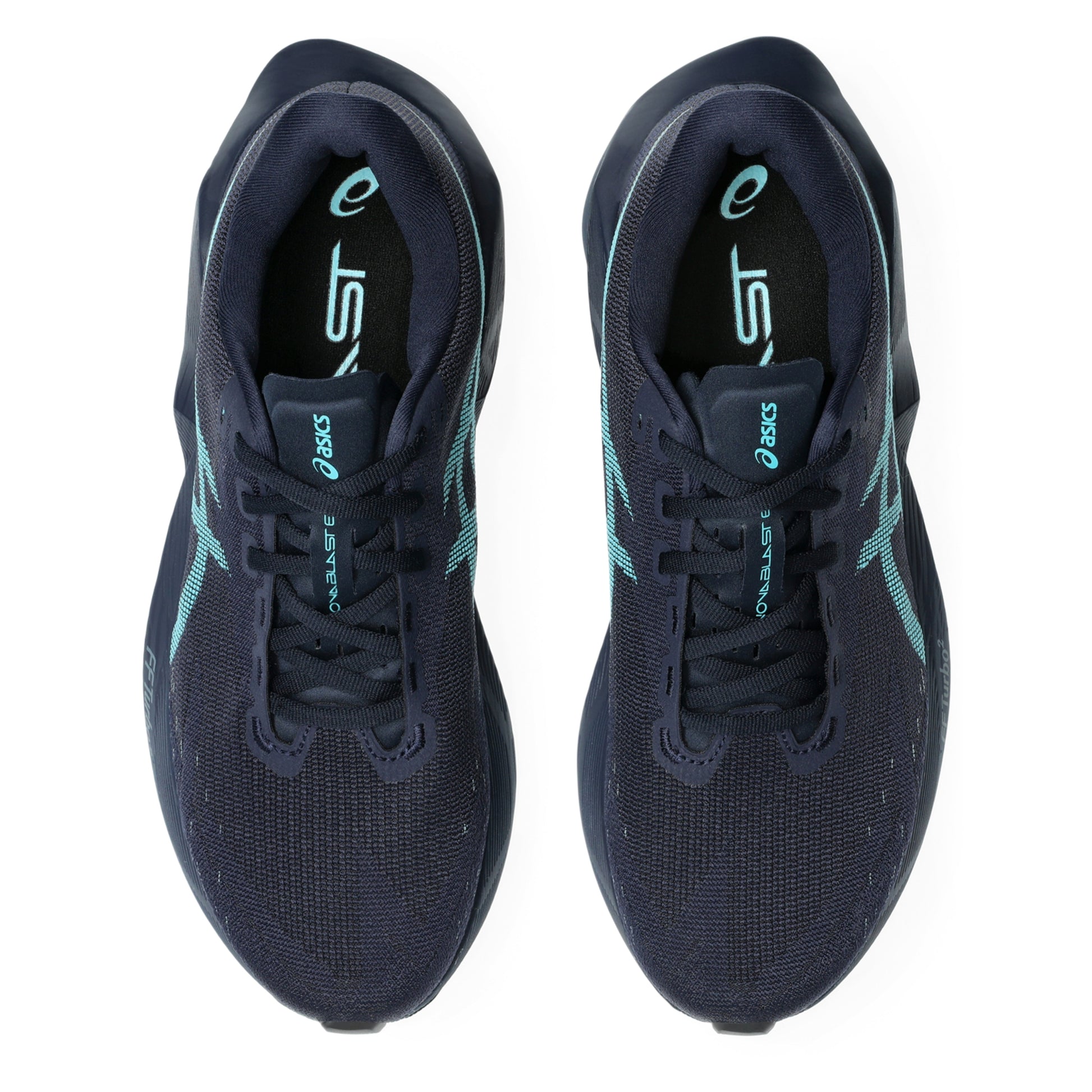 A pair of ASICS running shoes in dark navy blue with light teal accents, shown from a top-down view on a white background.