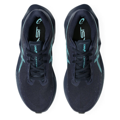 A pair of ASICS running shoes in dark navy blue with light teal accents, shown from a top-down view on a white background.