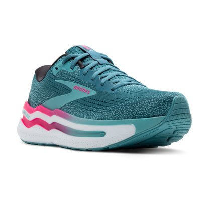 Storm blue running shoe with pink and white sole on a white background