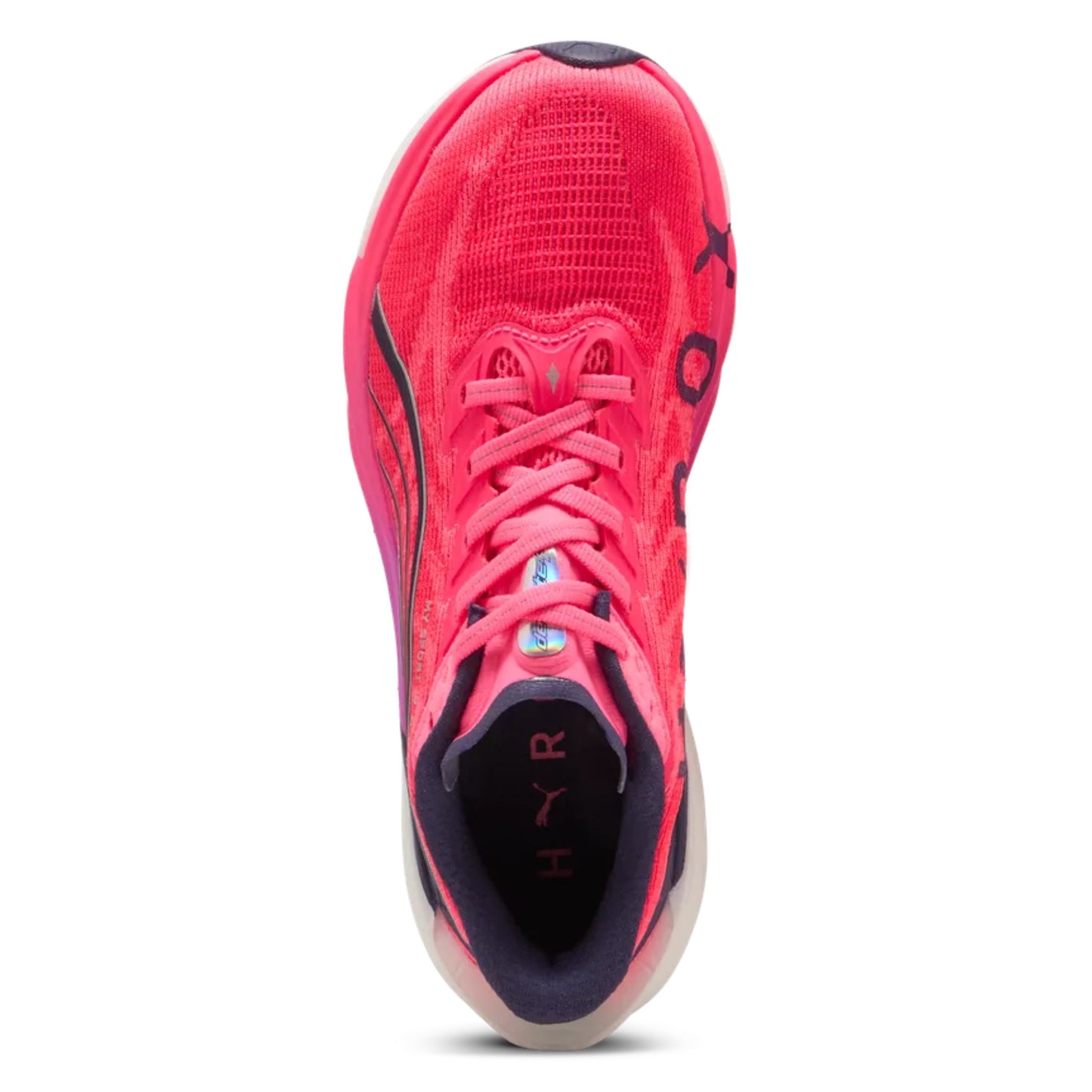 Pink Puma running shoe with black accents on a white background