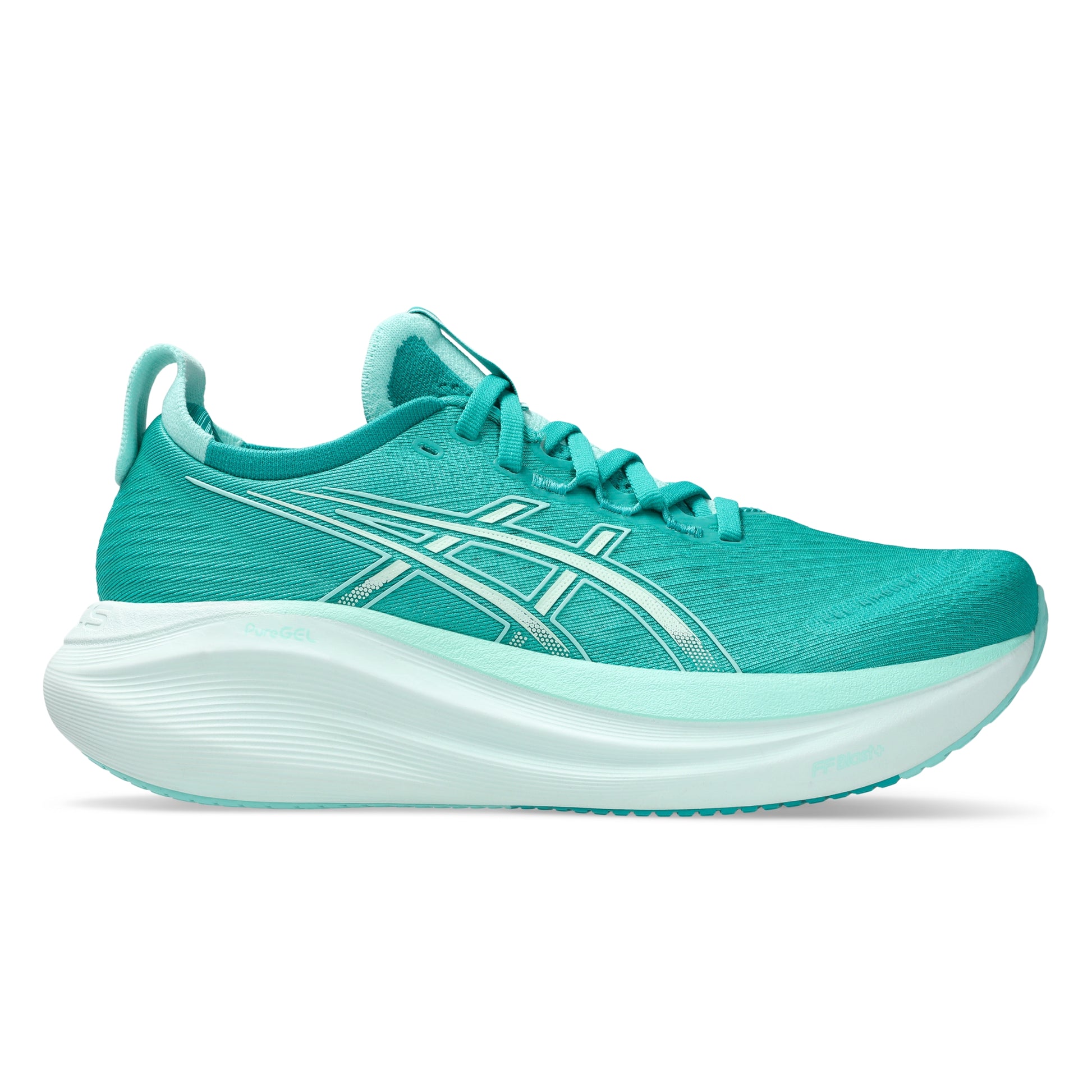 Teal running shoe with white sole on a white background