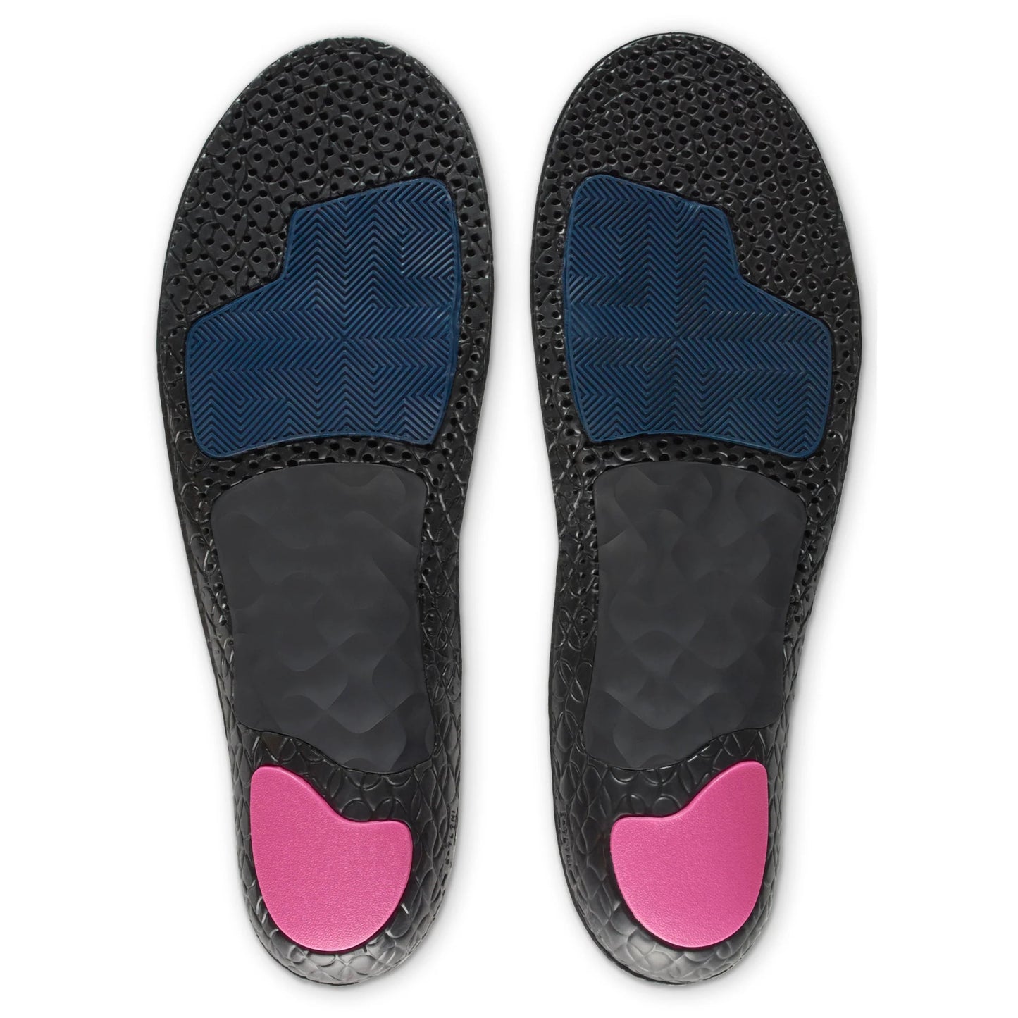 Pair of black shoe insoles with pink heel cups on a white background