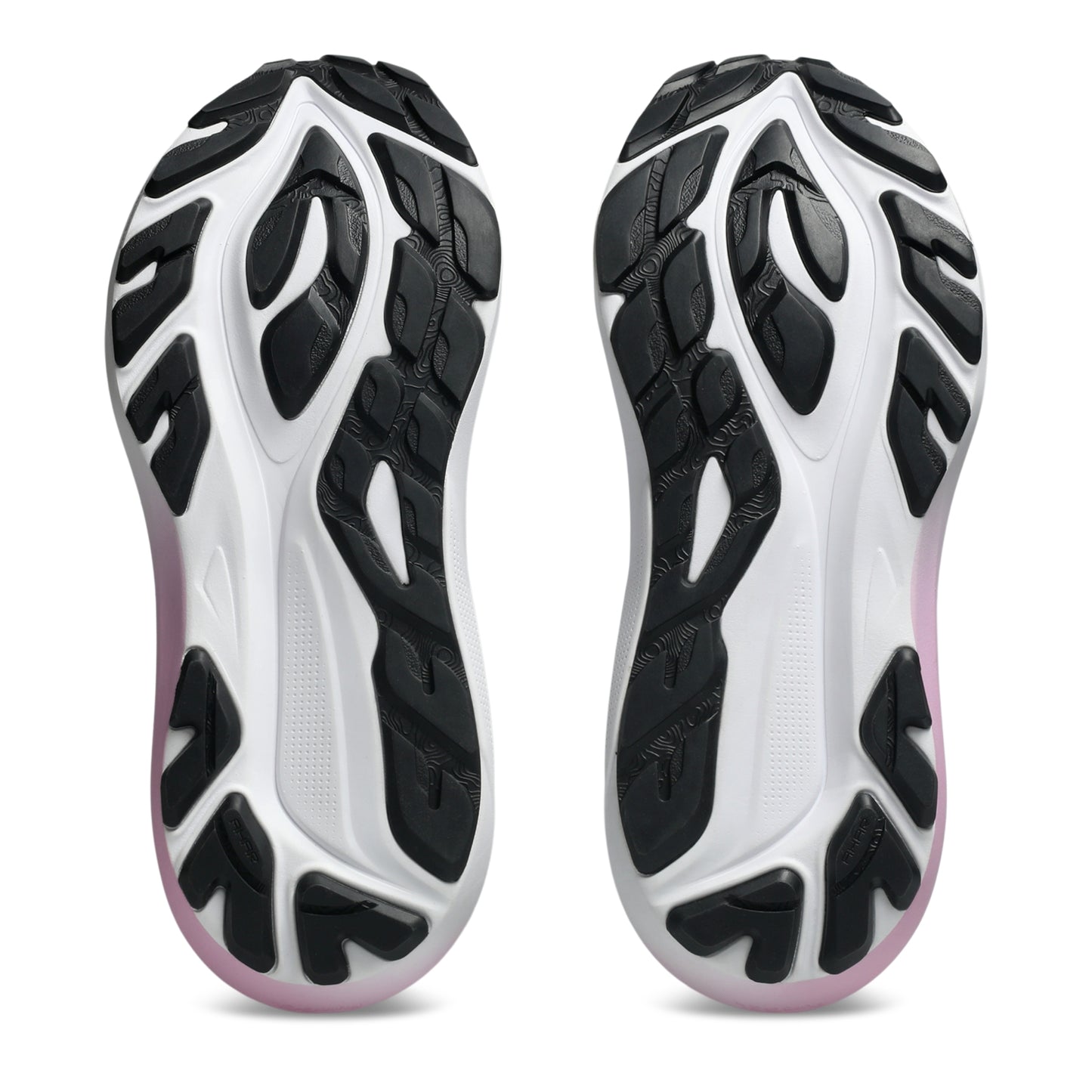 A pair of Asics running shoes shown from the sole view, featuring a white and black treaded outsole with a subtle pink accent at the toe.