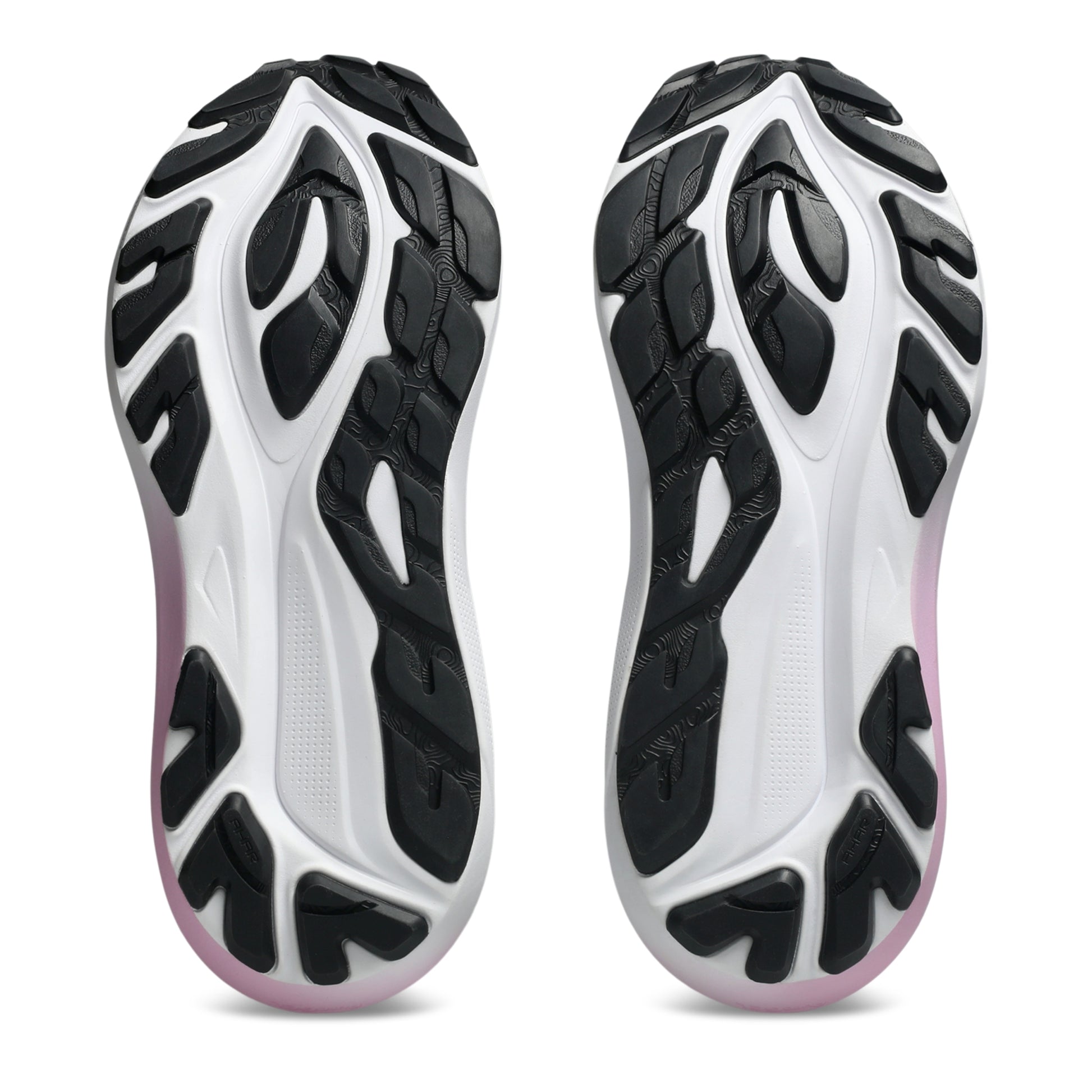 A pair of Asics running shoes shown from the sole view, featuring a white and black treaded outsole with a subtle pink accent at the toe.