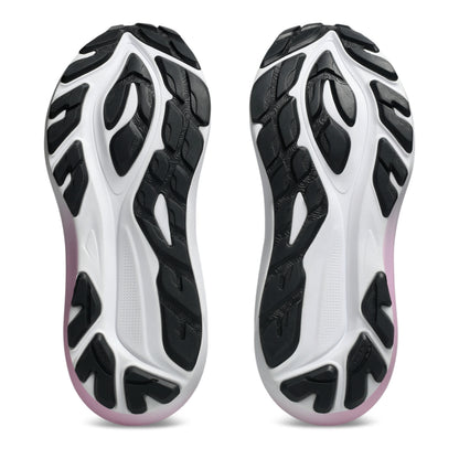 A pair of Asics running shoes shown from the sole view, featuring a white and black treaded outsole with a subtle pink accent at the toe.