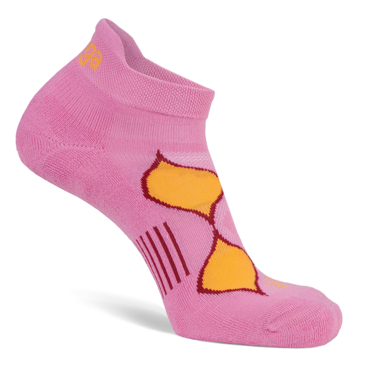 Pink ankle sock with yellow design on a white background