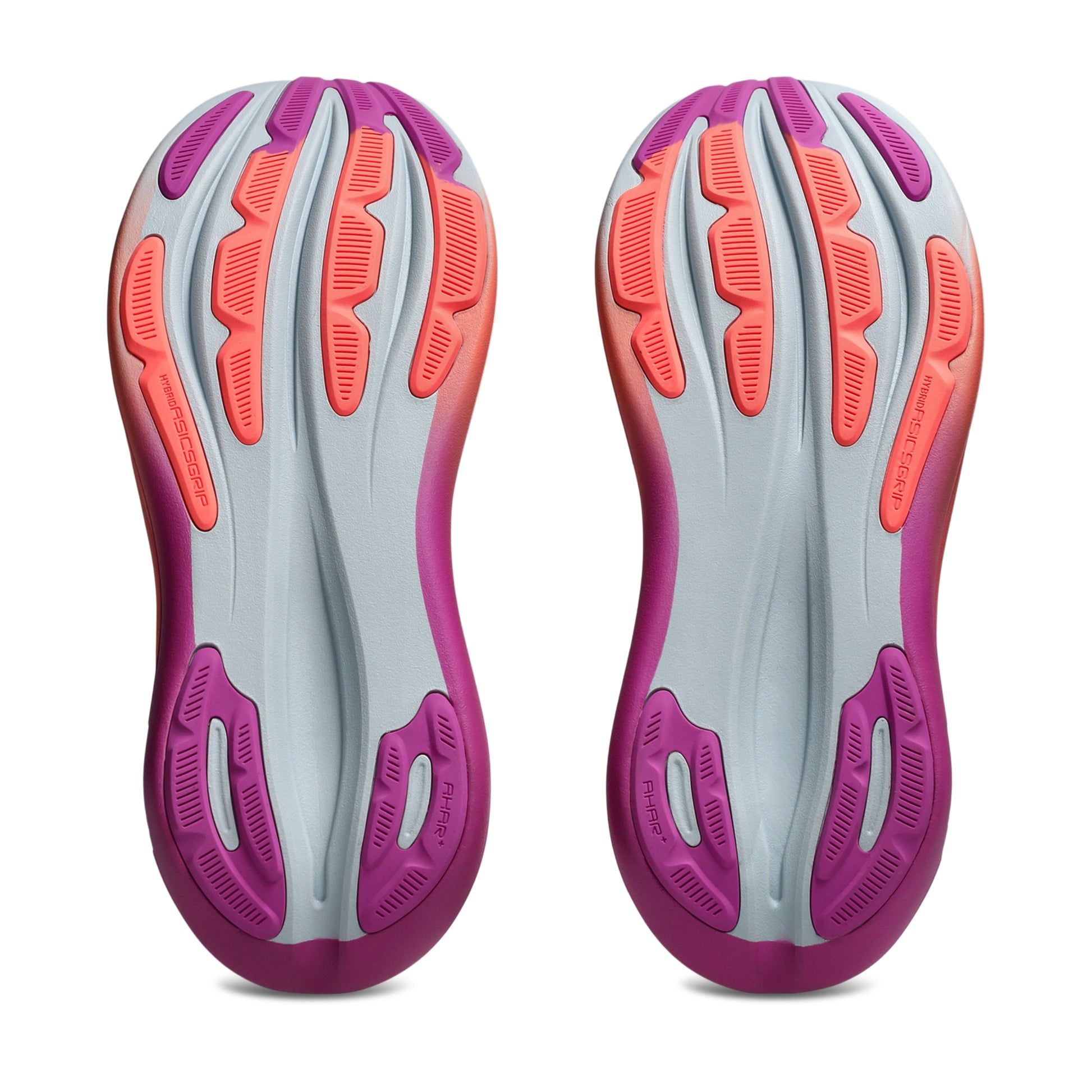 Bottom view of pink and coral thread pattern running shoe sole on a white background 