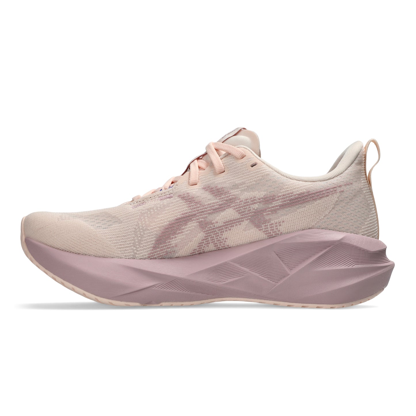 Pink Asics running shoe on a white background