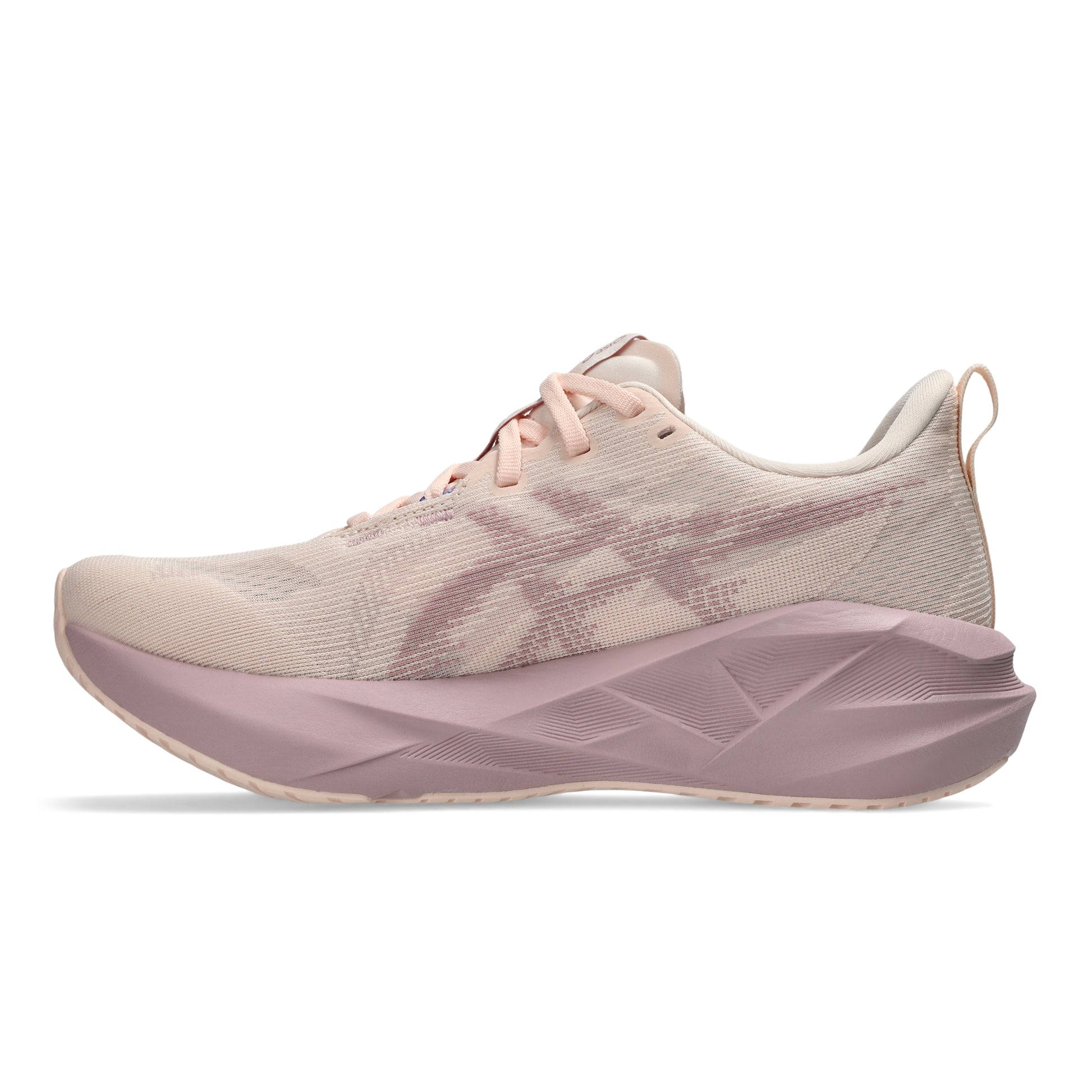 Pink Asics running shoe on a white background