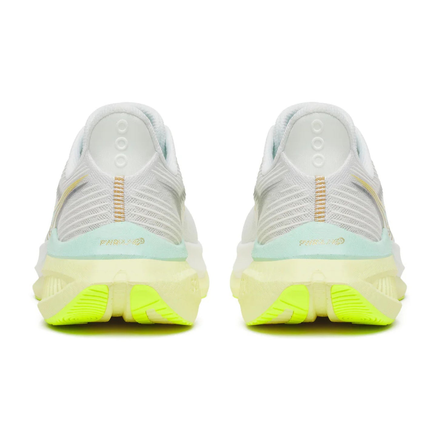 White Saucony running shoes with green sole on a white background