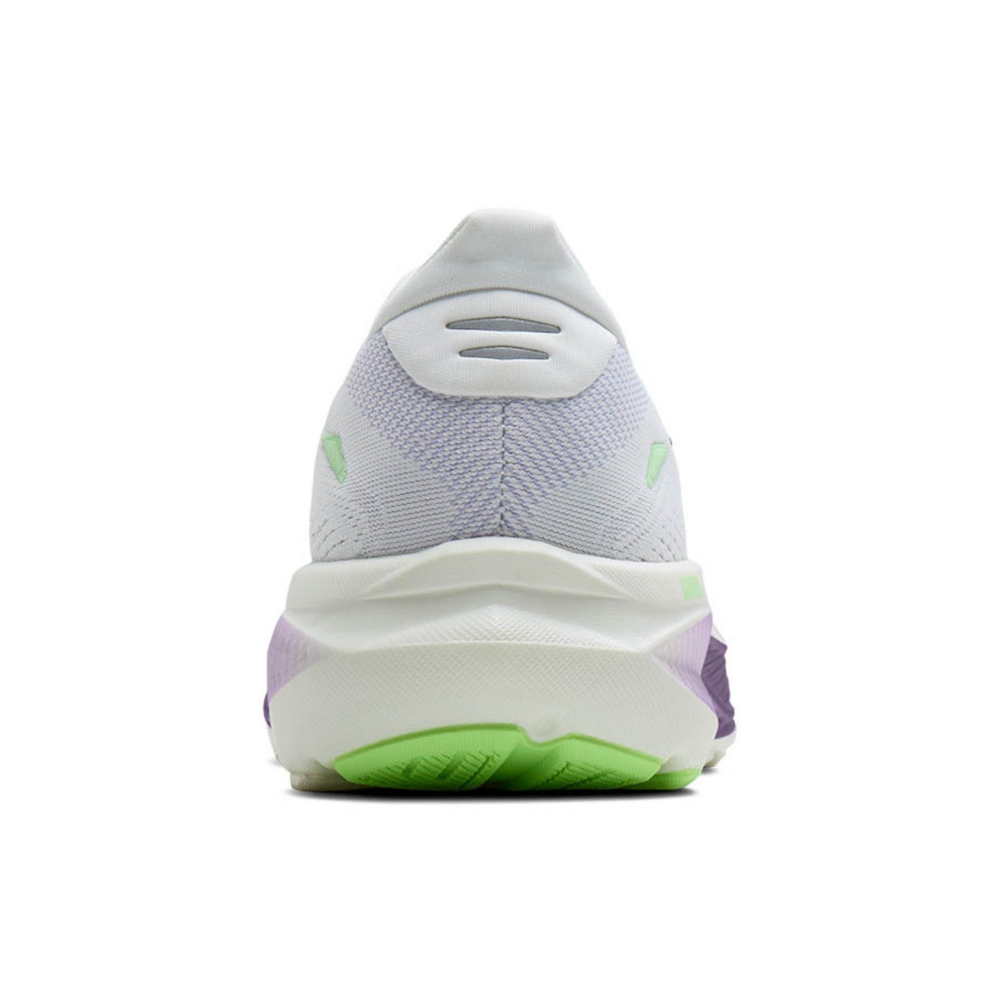 A rear view of a white Brook running with light purple and neon green accents on the sole and heel.