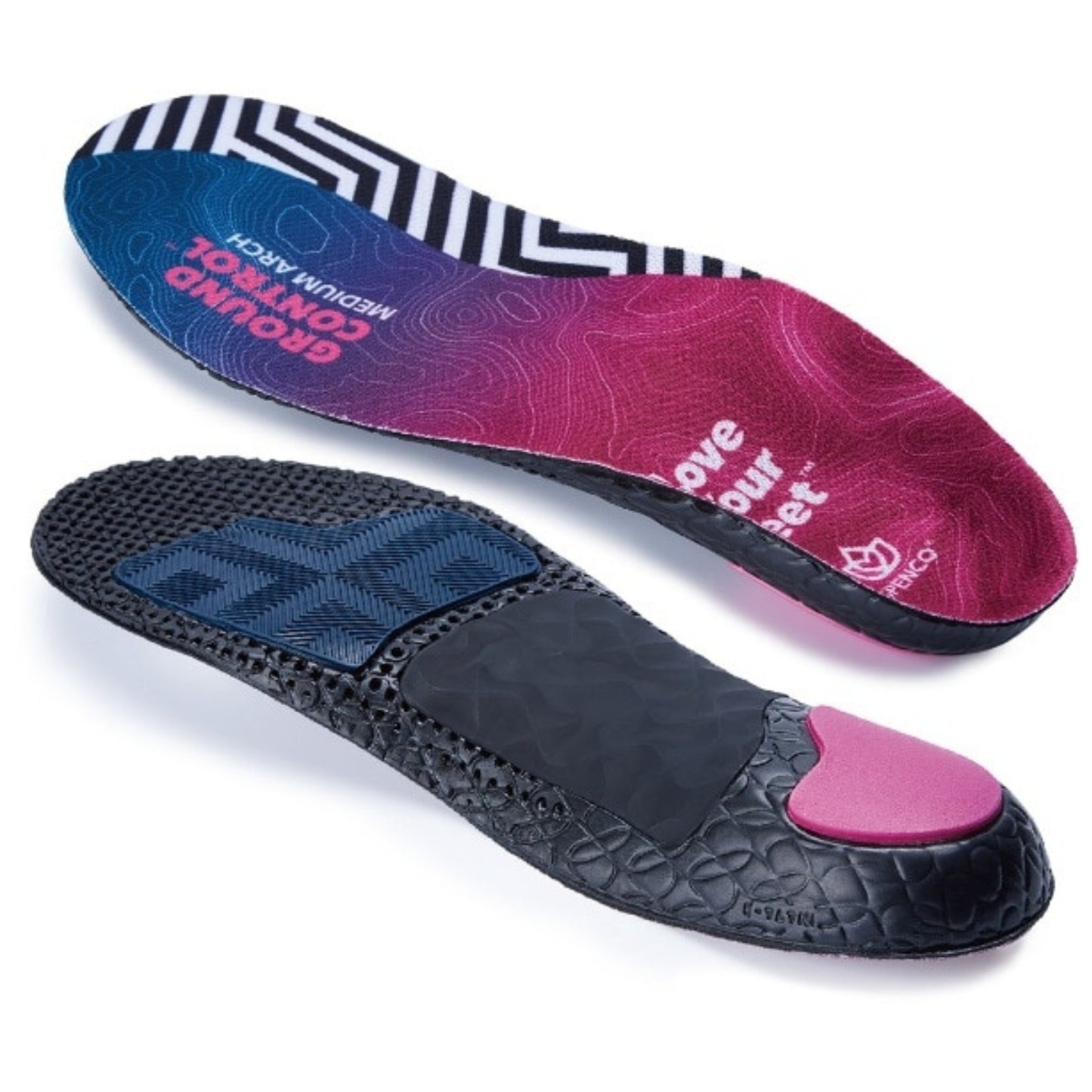Pair of shoe insoles with a blue, pink, and black design on a white background