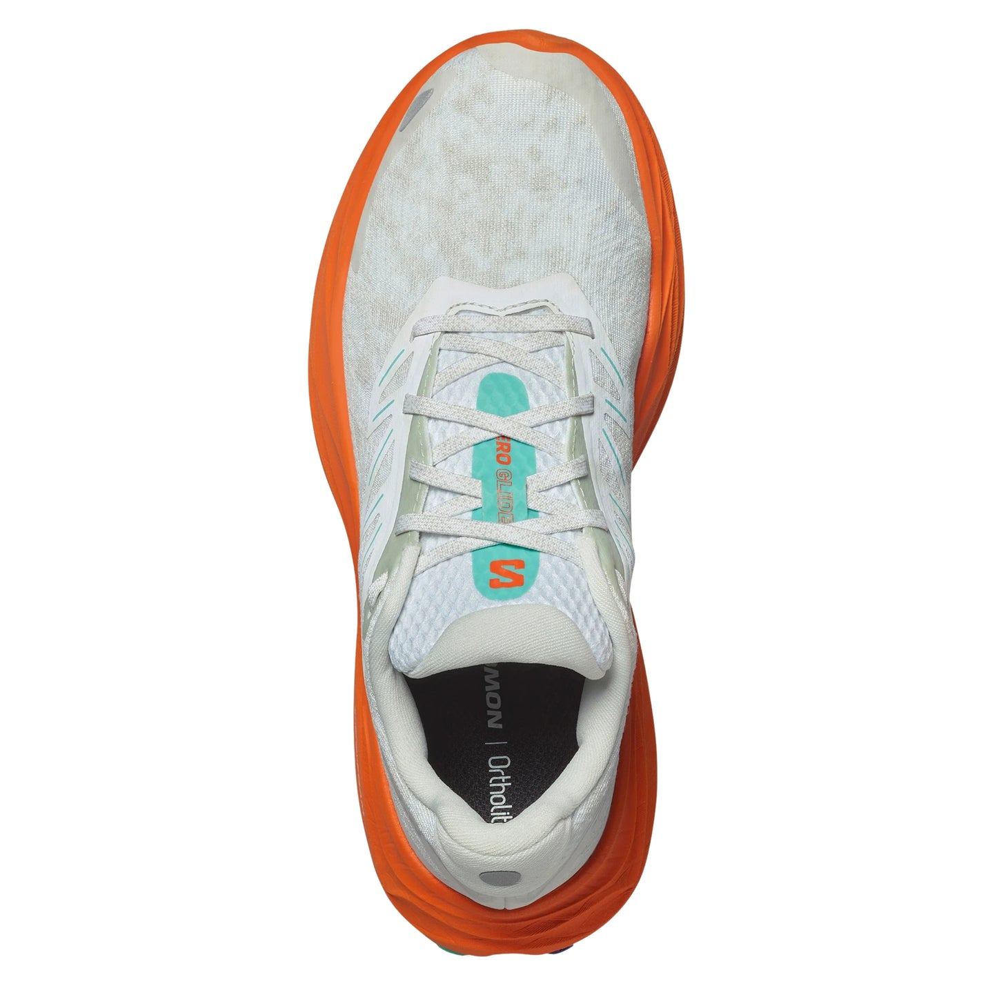 White and orange running shoe with a visible brand logo on a white background
