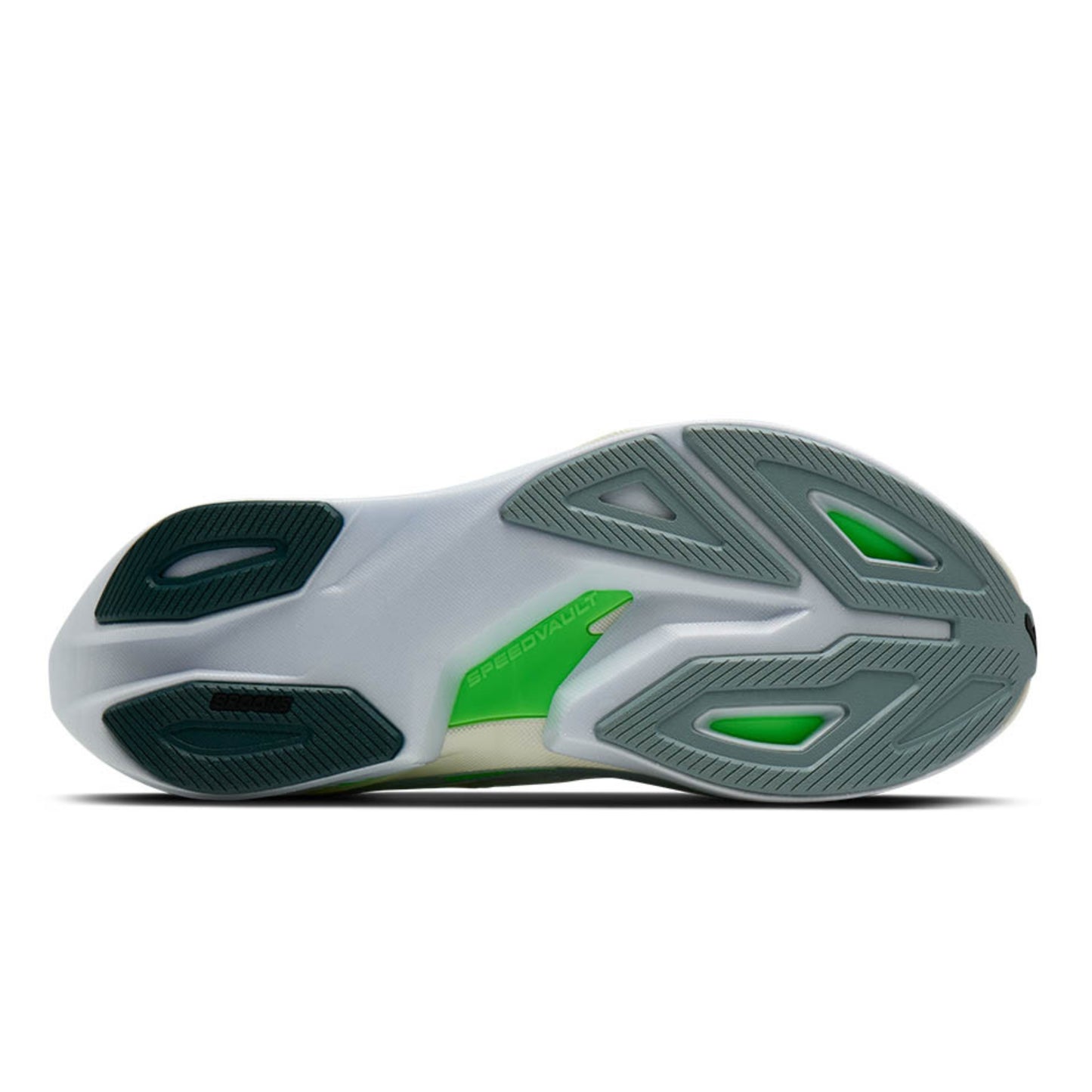 Side view of a Brooks running shoe with green accents on a white background