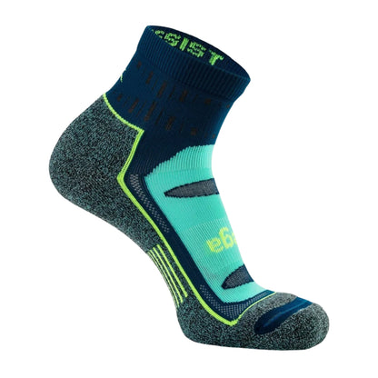 A single athletic ankle sock shown on a white background. The sock features a dark navy blue cuff, a teal arch support panel, a dark gray heathered toe and heel, and bright neon yellow-green accents and branding.