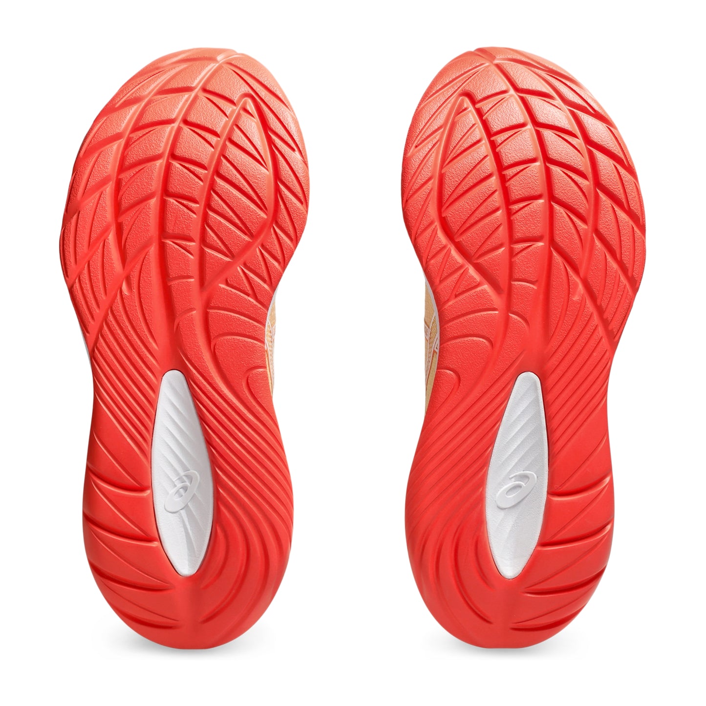 Orange running shoe sole with brand logo on a white background