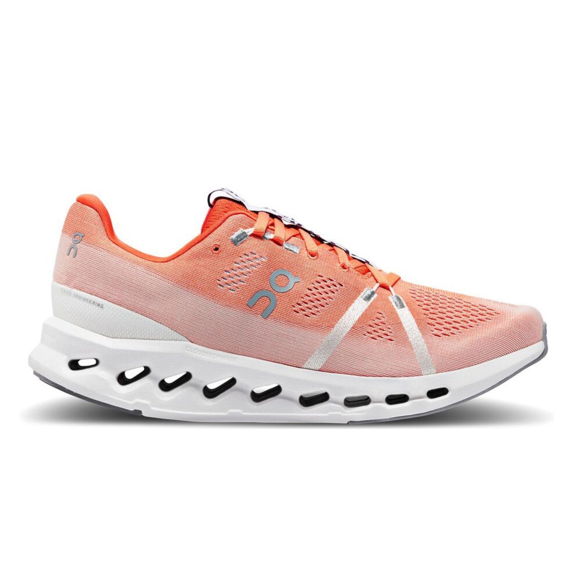White/Flame running shoe with logo on the side on a white background